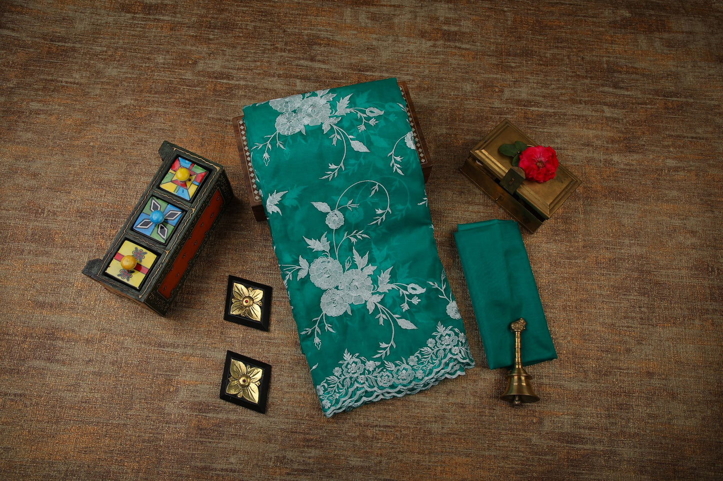 Semi Organza Saree with Embroidery - Dark Green