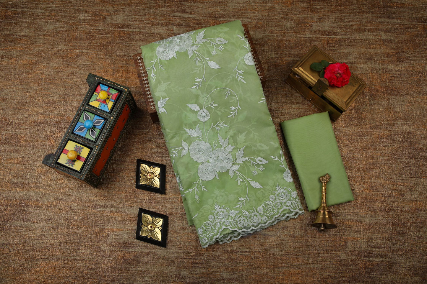 Semi Organza Saree with Embroidery - Pastel Green