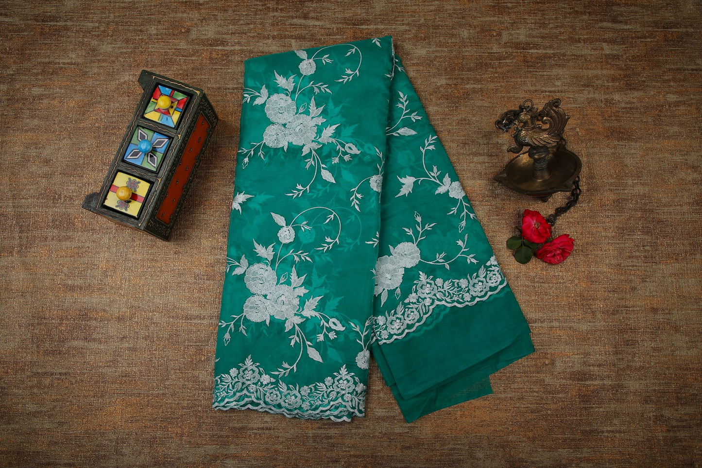 Semi Organza Saree with Embroidery - Dark Green