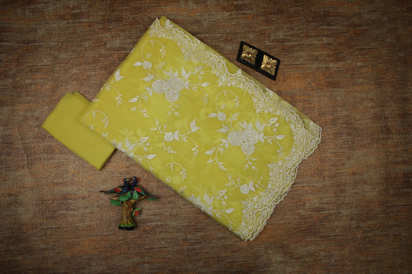Semi Organza Saree with Embroidery - Yellow