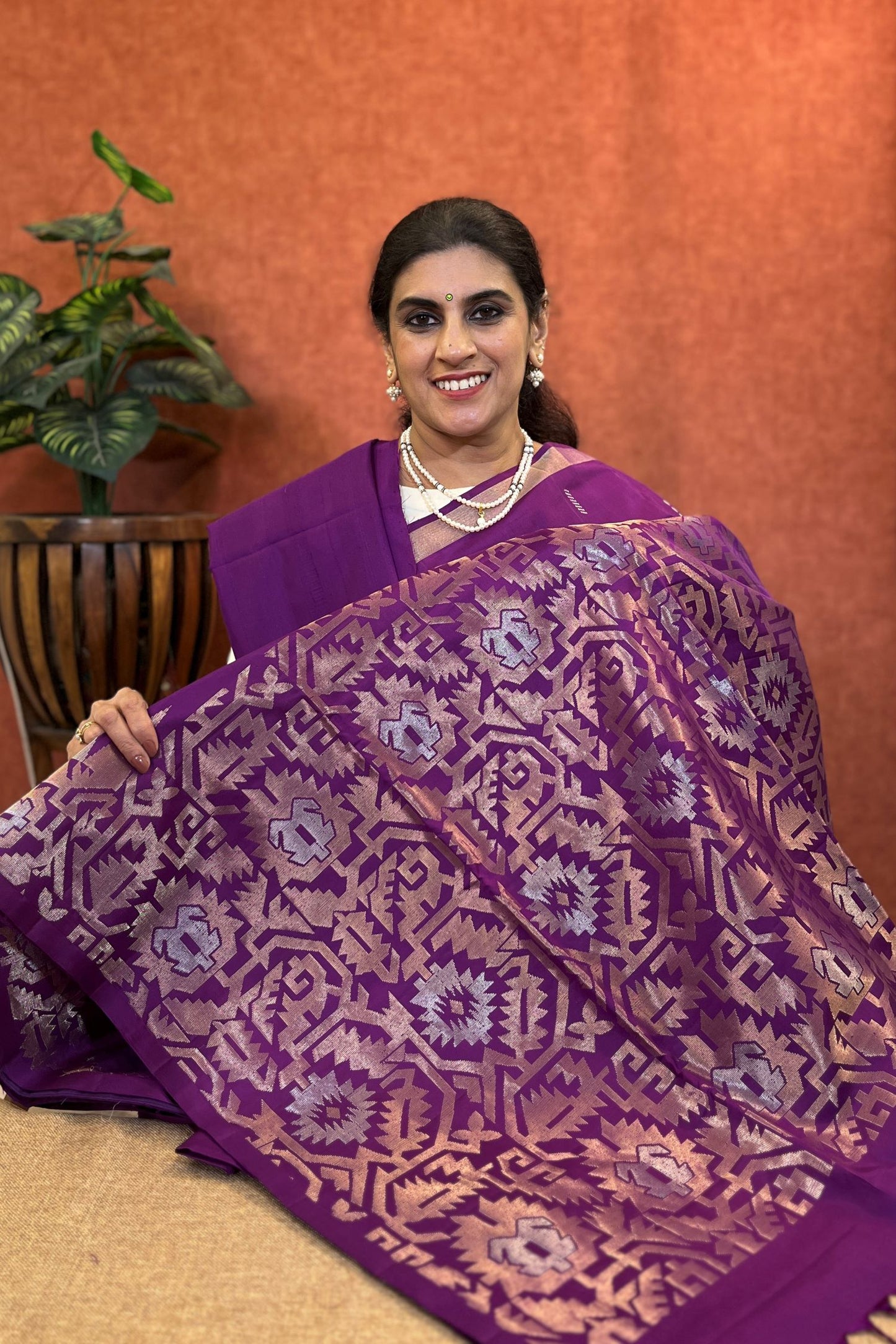 Pure Soft Silk Saree - Magenta Color with Silver Zari Border