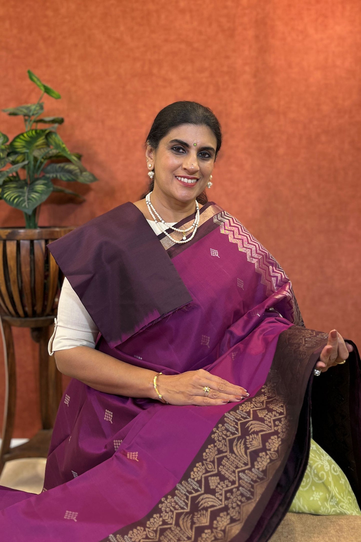 Pure Soft Silk Saree - Magenta Color with Coffee Brown Border