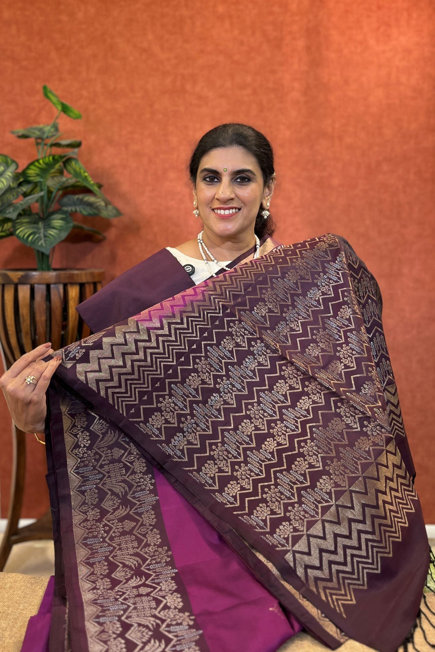 Pure Soft Silk Saree - Magenta Color with Coffee Brown Border