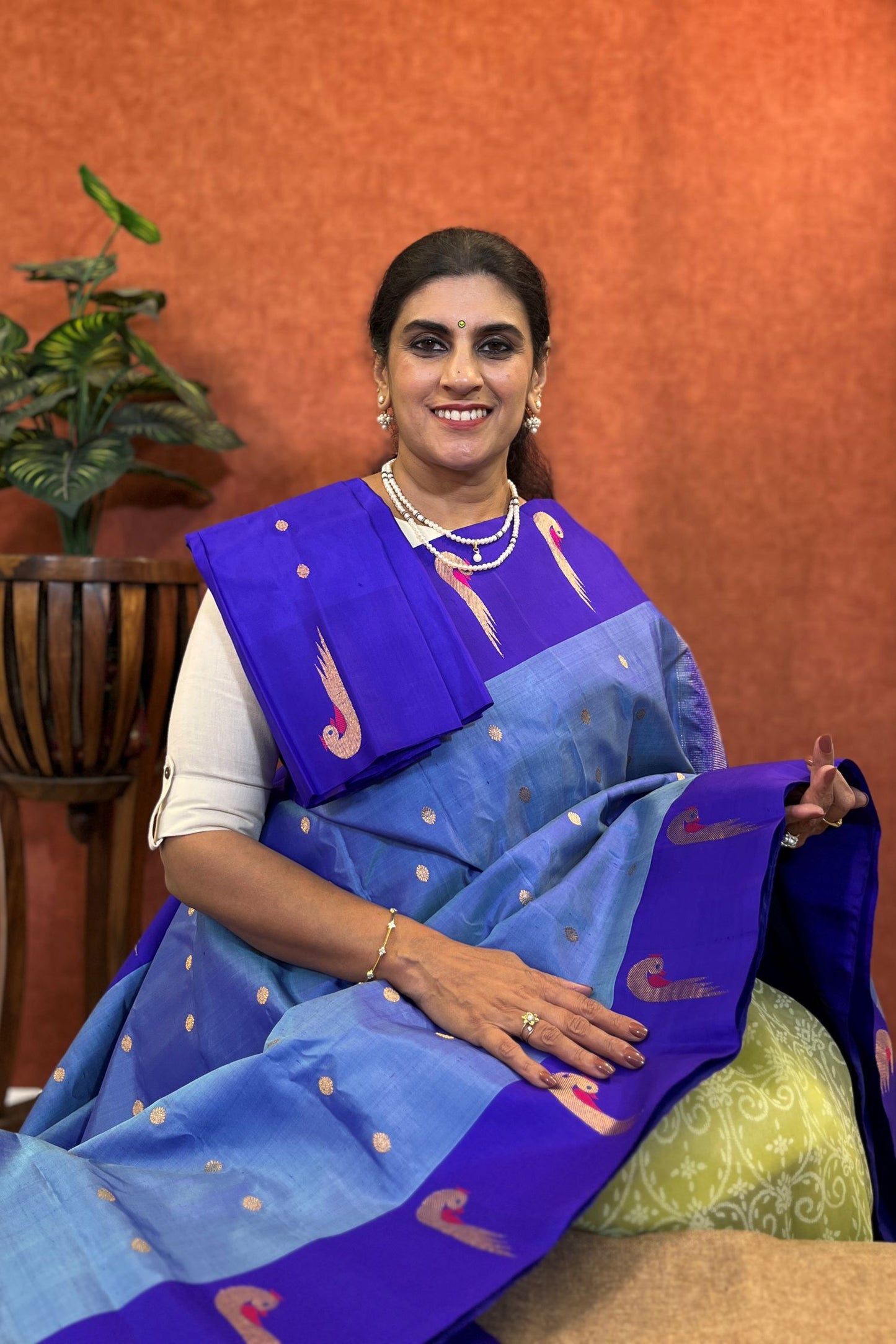 Pure Handloom Paithani Silk Saree - Ash Blue Color with Cobalt Blue Border