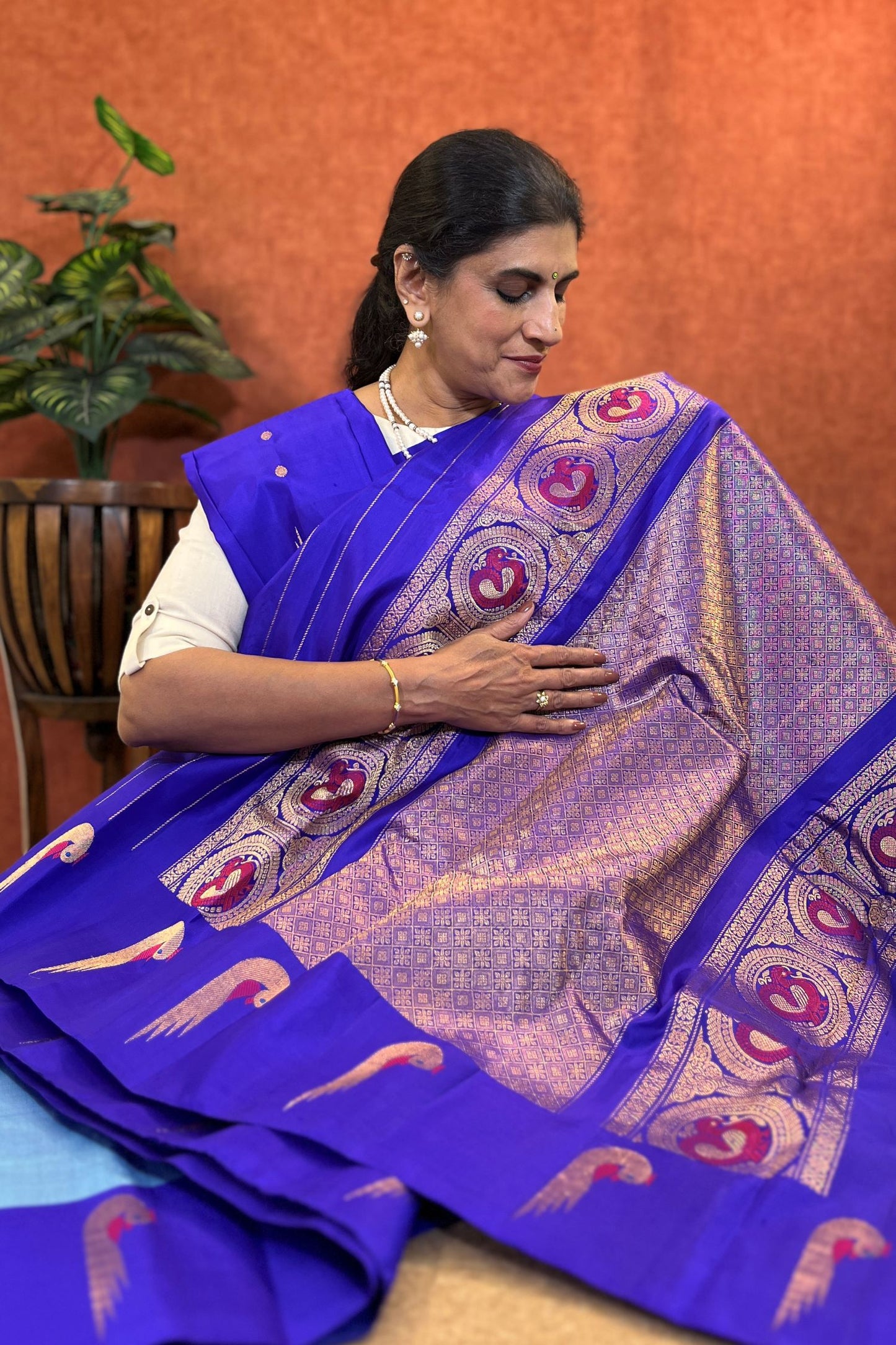Pure Handloom Paithani Silk Saree - Ash Blue Color with Cobalt Blue Border