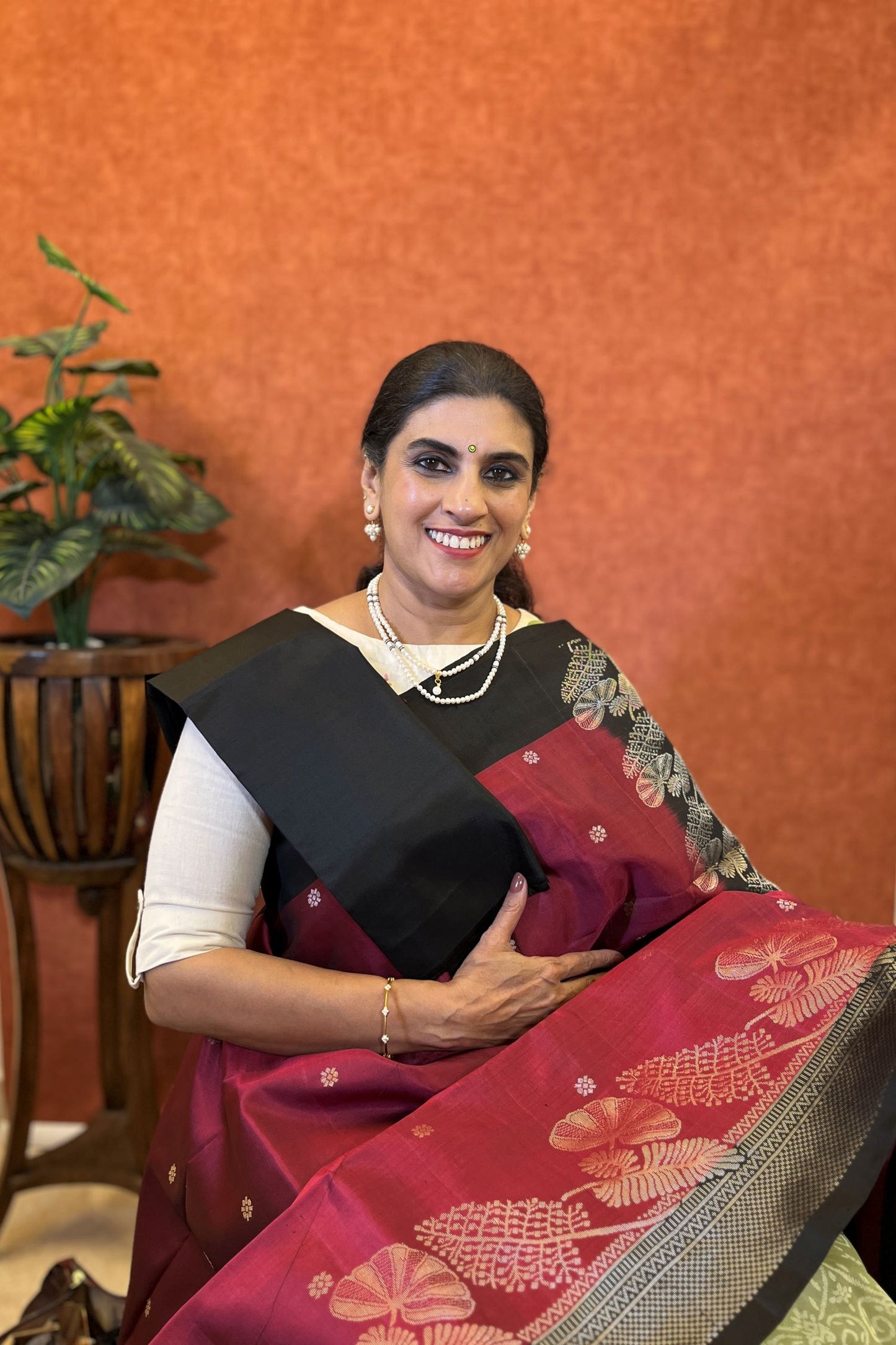 Pure Soft Silk Saree - Wine Color with Black Color Border