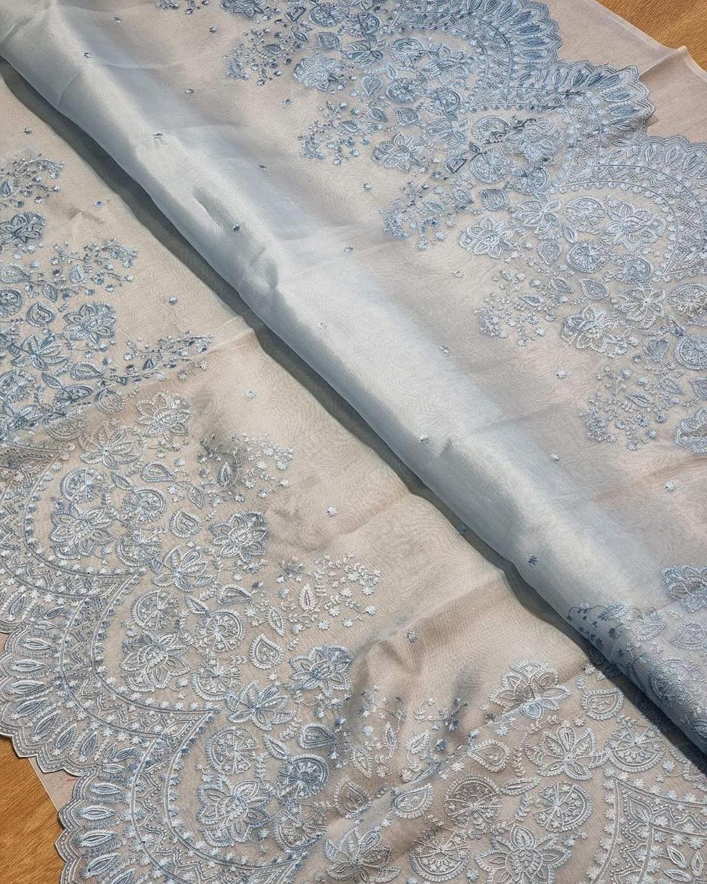 Semi Organza Saree - Grey Color with Fancy Cutwork, Heavy Embroidery and Stitched Blouse