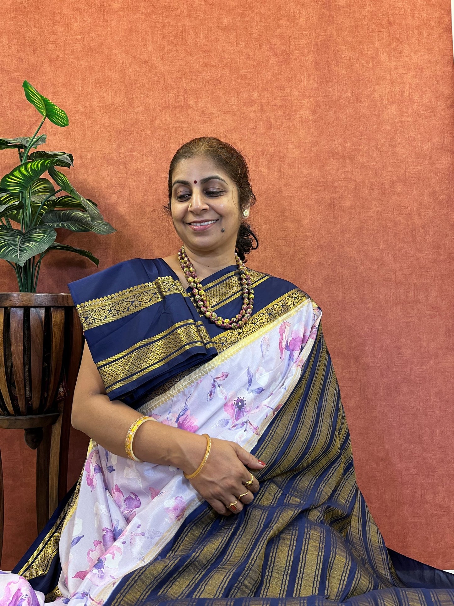 Semi Mysore Silk - Lavendar Color with Floral Design and Zari Gap Border