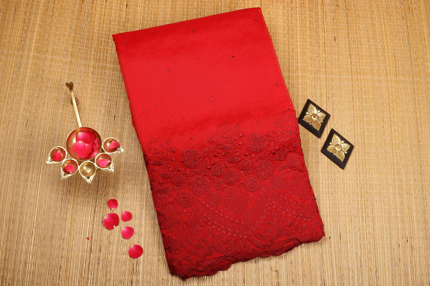 Semi Organza Saree - Red Color with Fancy Cutwork, Heavy Embroidery and Stitched Blouse