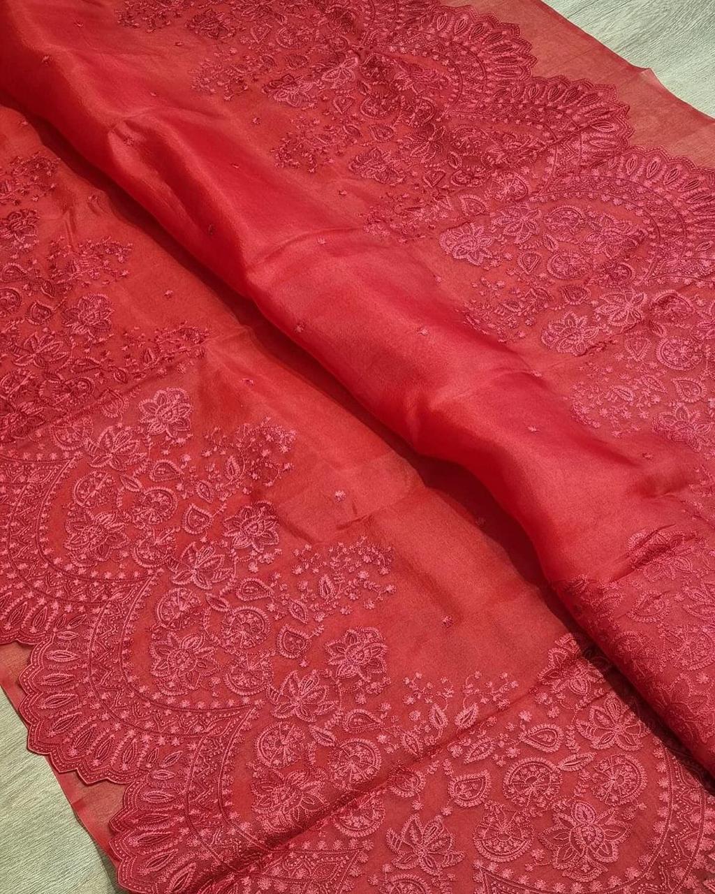 Semi Organza Saree - Red Color with Fancy Cutwork, Heavy Embroidery and Stitched Blouse