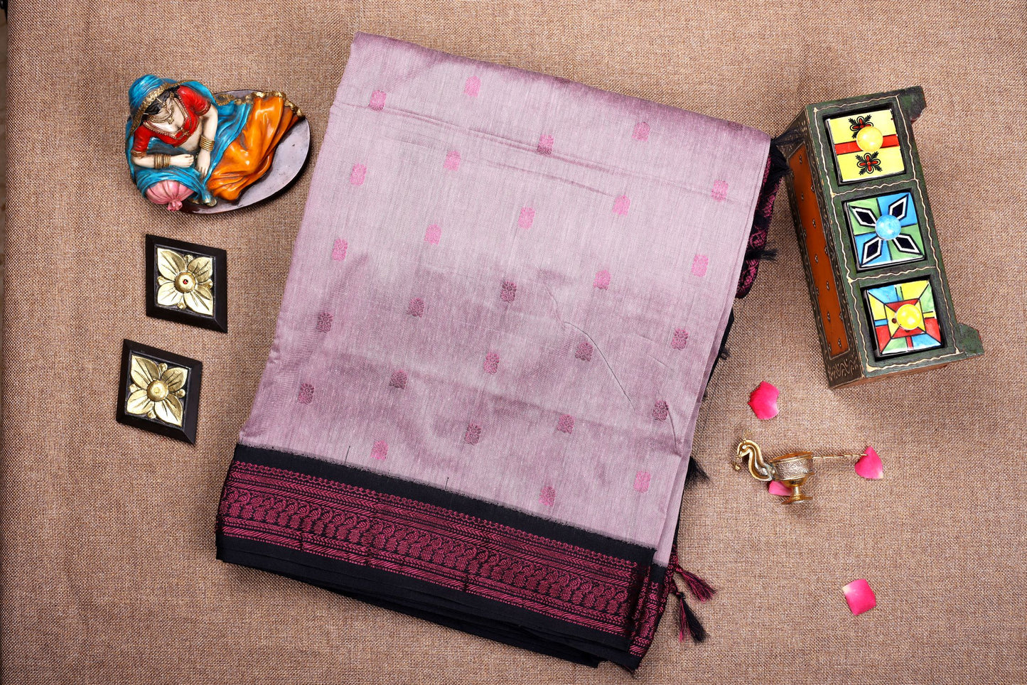 Silk Cotton Saree - Pink Color with Black and Dark Pink Color Border with Stitched Blouse