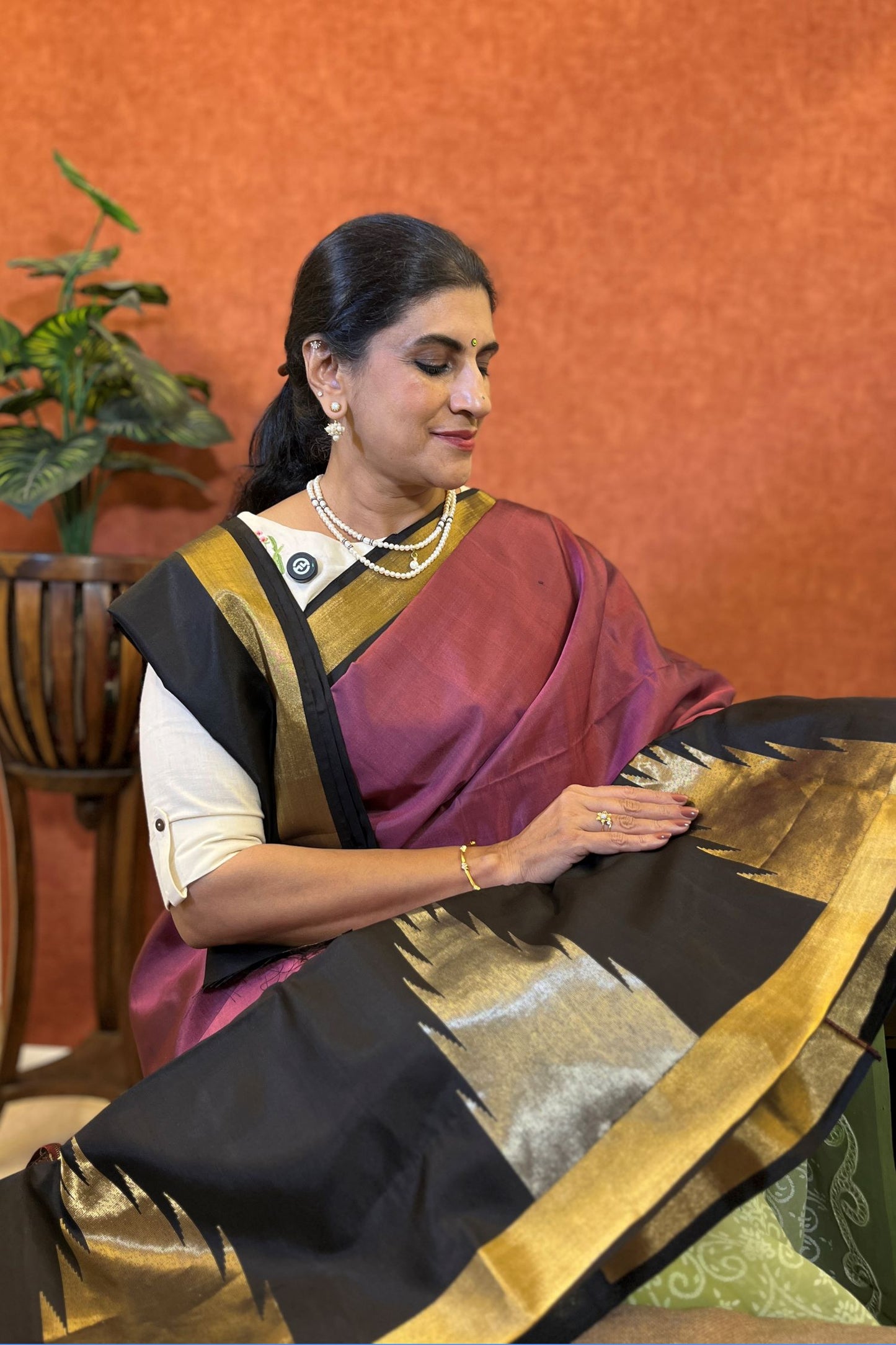 Pure Soft Silk Saree - Wine Color with Black Temple Border