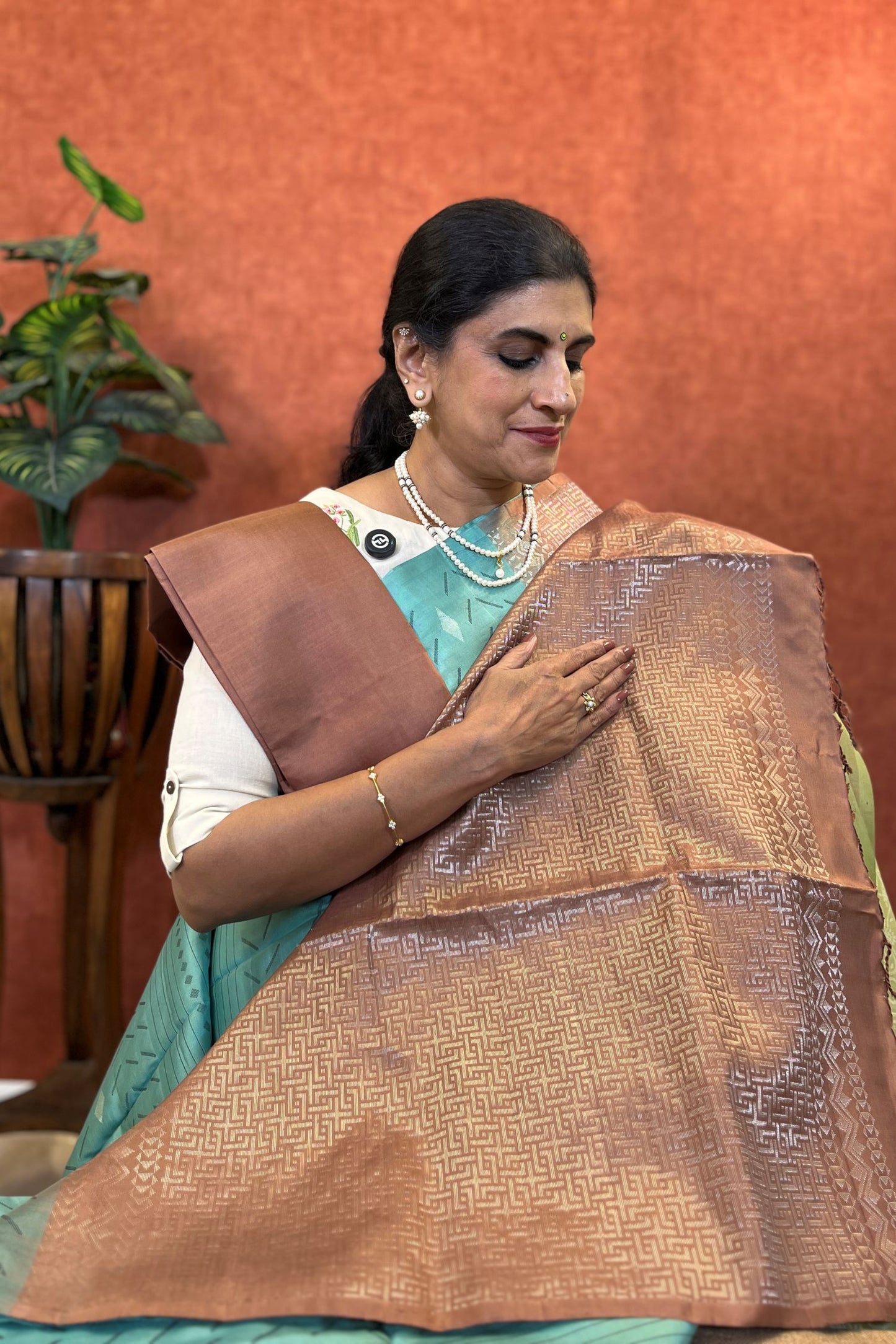 Pure Soft Silk Saree - Teal Blue Color with Peach Brown Border
