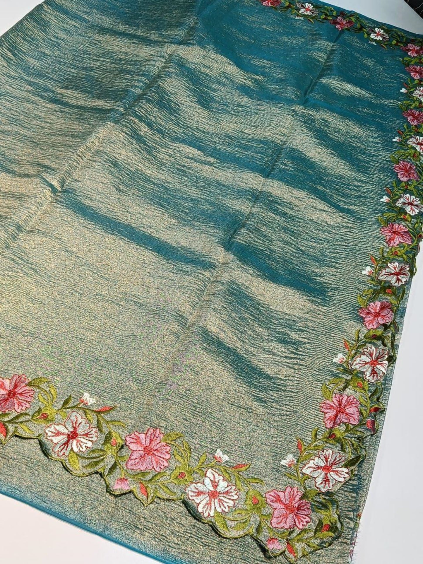 Crush Tissue Saree with Cutwork Border - Green Color
