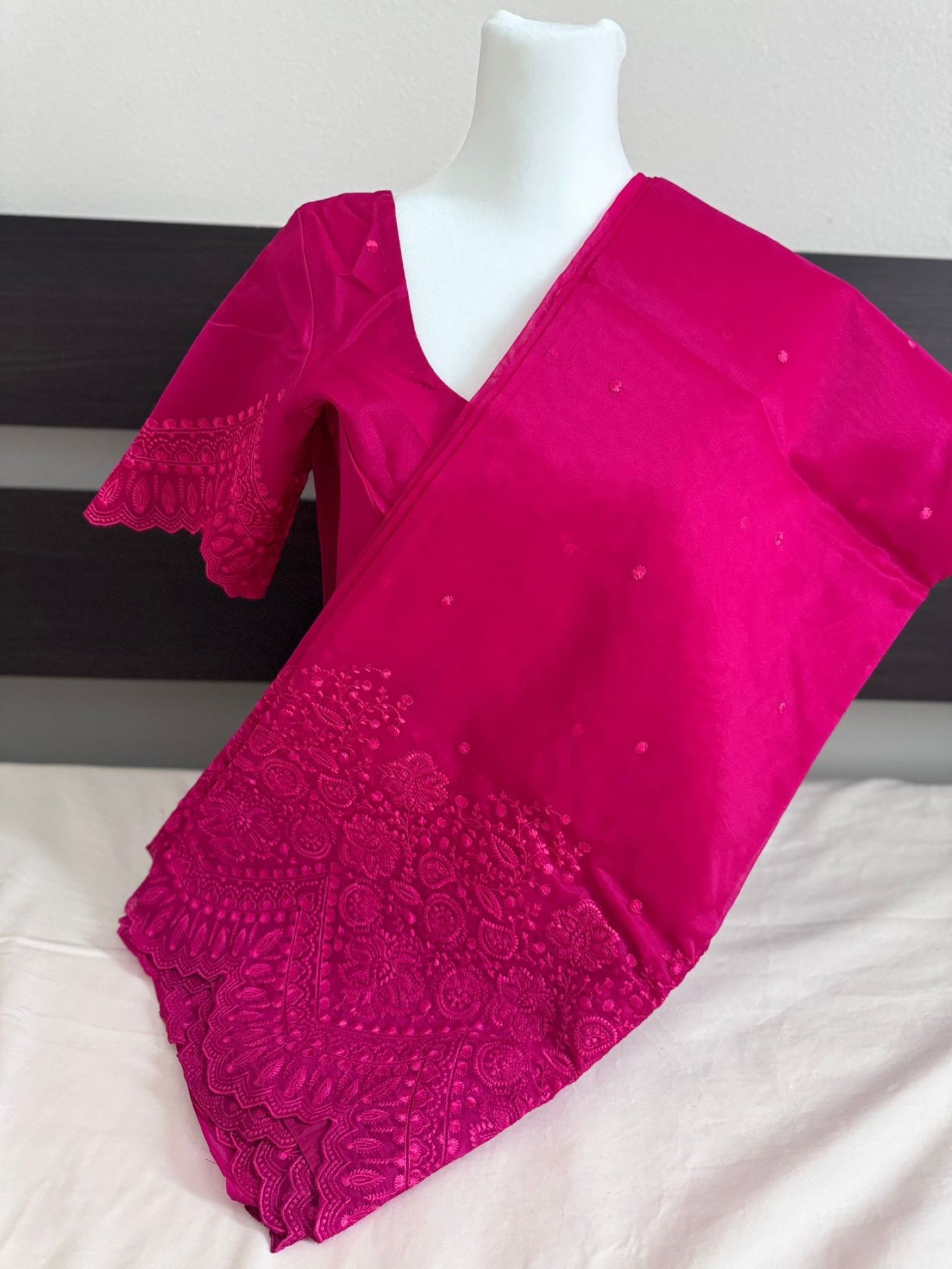 Semi Organza Saree - Pink Color with Fancy Cutwork, Heavy Embroidery and Stitched Blouse