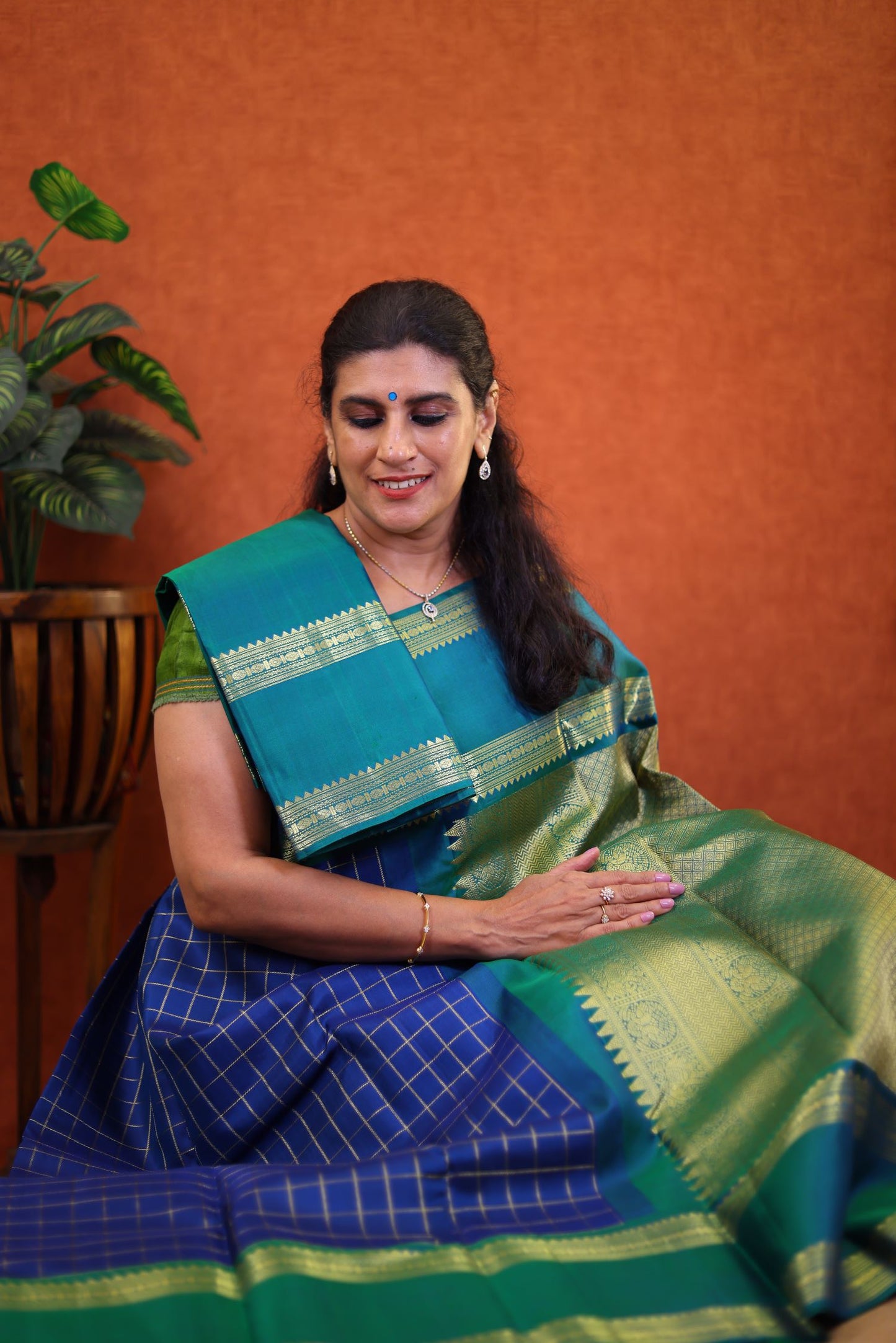 Pure Handloom Korvai Kanjivaram Silk Saree - Blue Color with Green Color Gap Border