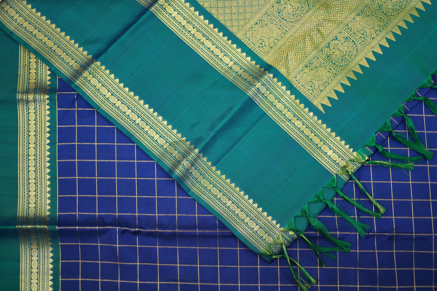 Pure Handloom Korvai Kanjivaram Silk Saree - Blue Color with Green Color Gap Border