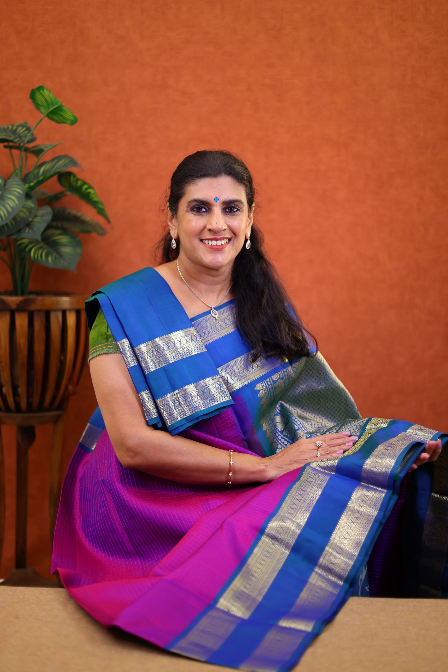 Pure Handloom Korvai Kanjivaram Silk Saree - Purple Color with Blue Color Gap Border