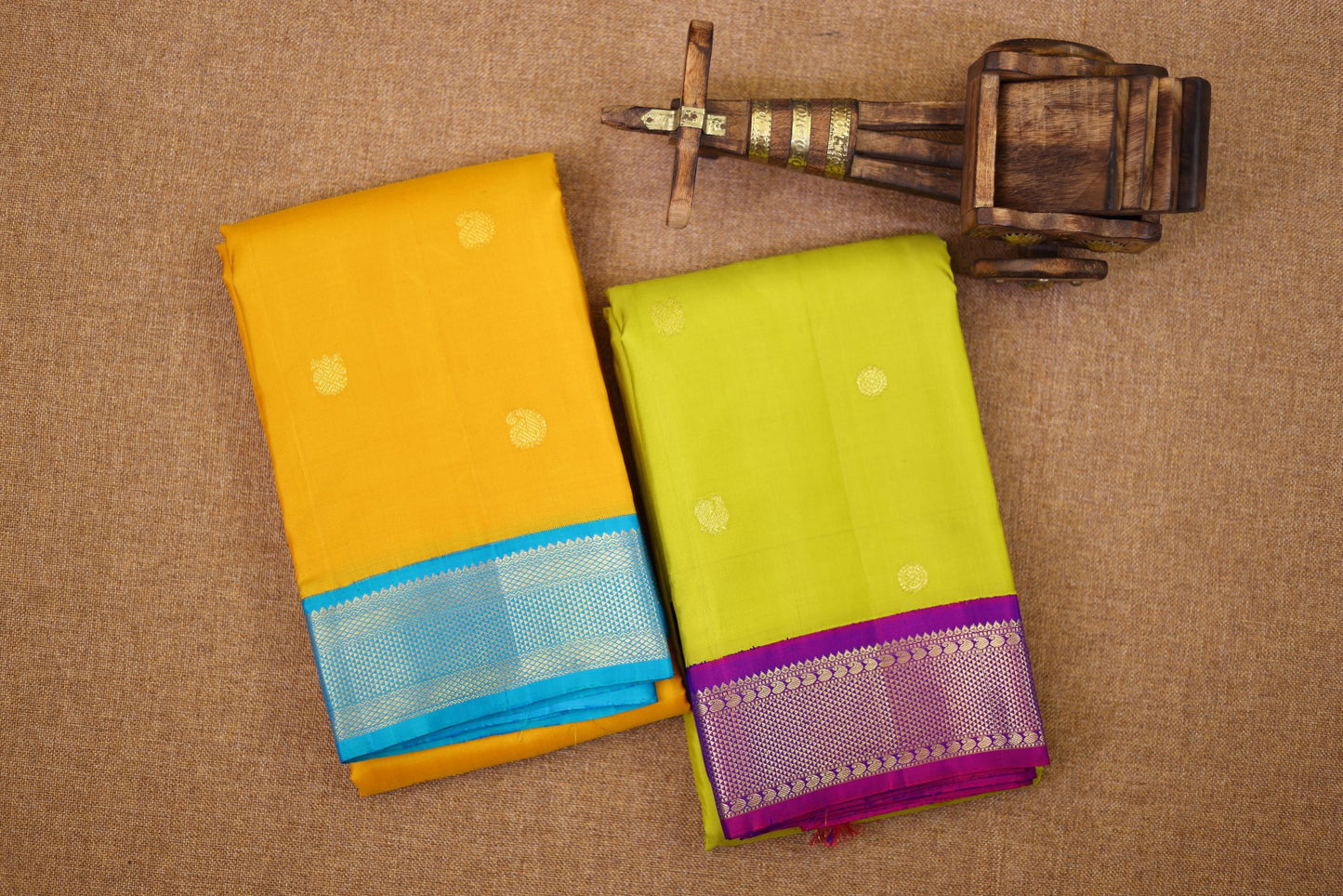 Pure Handloom Korvai Kanjivaram Silk Saree - Mustard Color with Blue Color Border