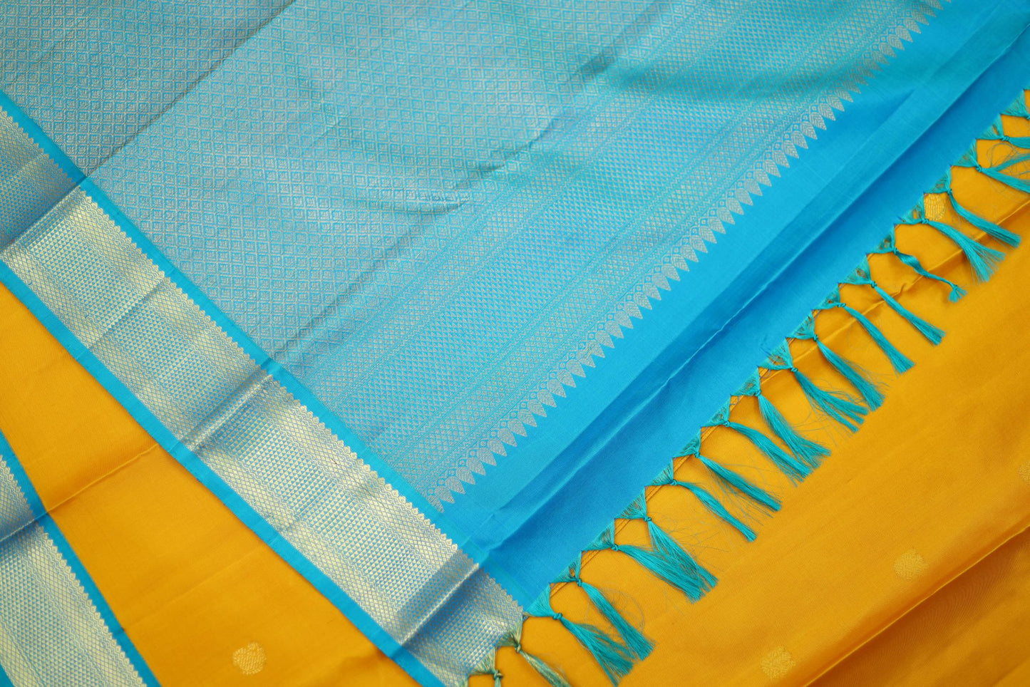 Pure Handloom Korvai Kanjivaram Silk Saree - Mustard Color with Blue Color Border