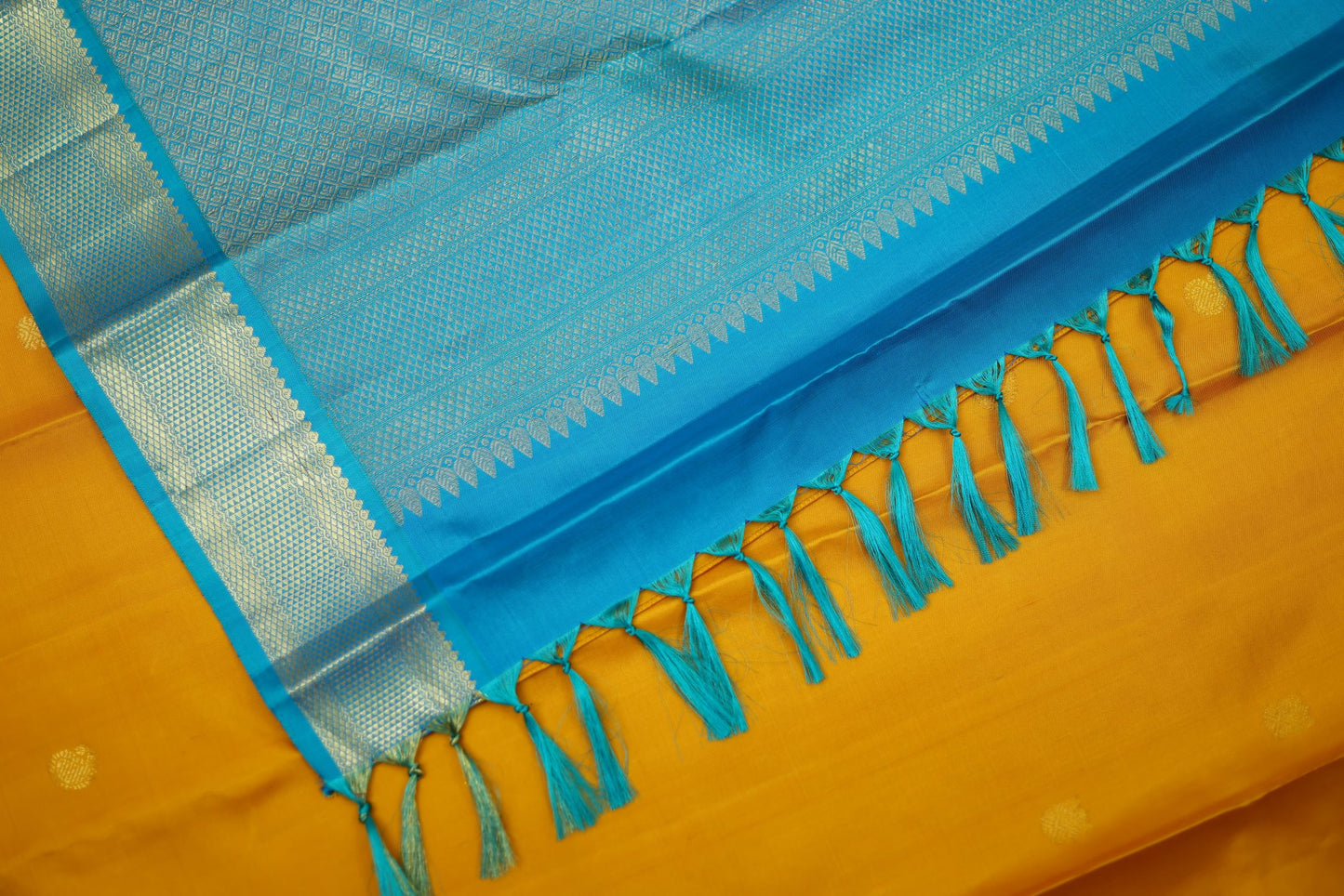 Pure Handloom Korvai Kanjivaram Silk Saree - Mustard Color with Blue Color Border