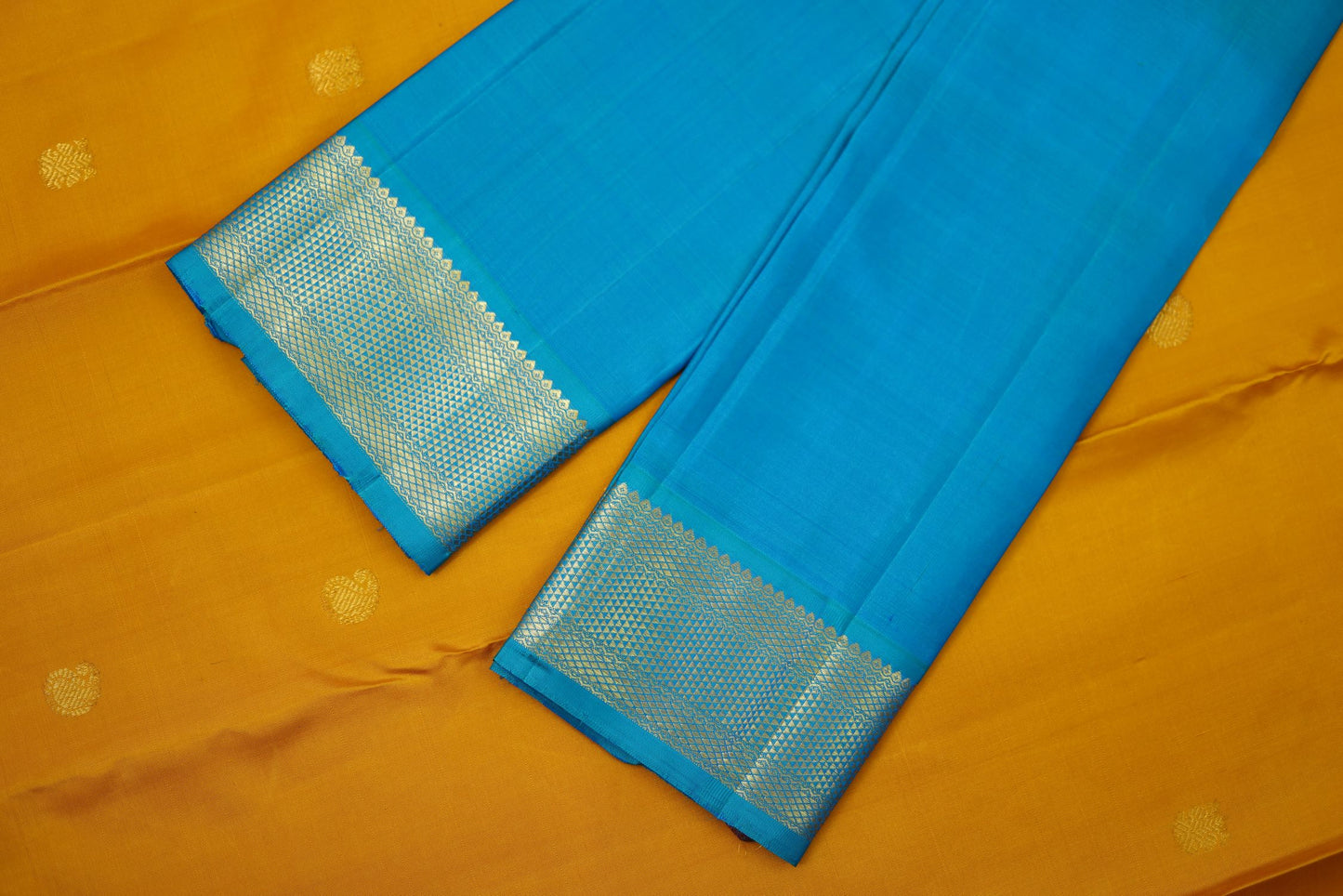 Pure Handloom Korvai Kanjivaram Silk Saree - Mustard Color with Blue Color Border