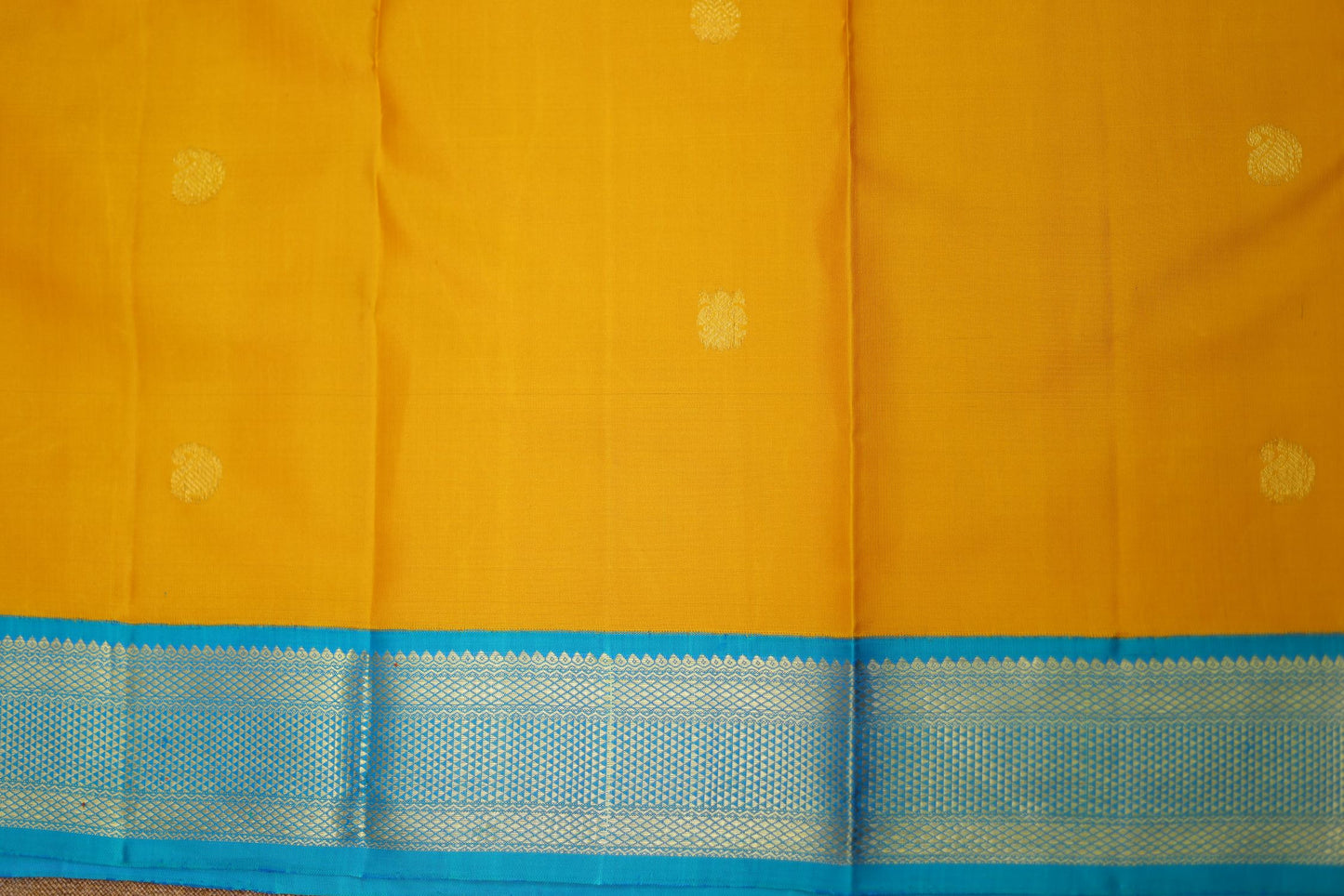 Pure Handloom Korvai Kanjivaram Silk Saree - Mustard Color with Blue Color Border