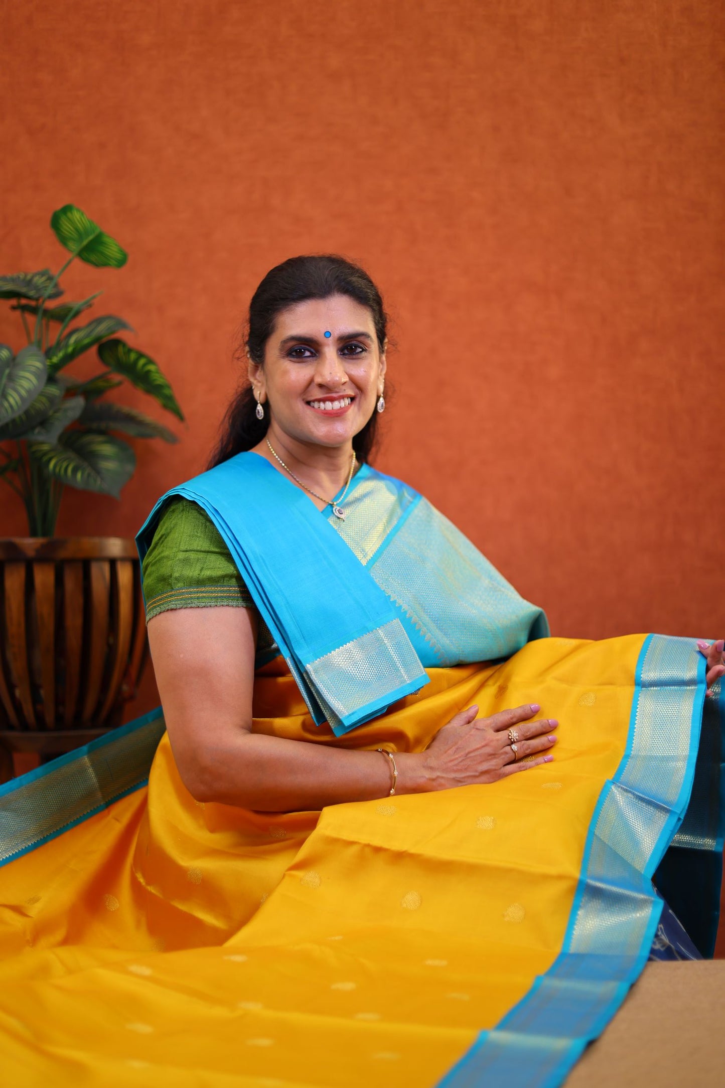 Pure Handloom Korvai Kanjivaram Silk Saree - Mustard Color with Blue Color Border
