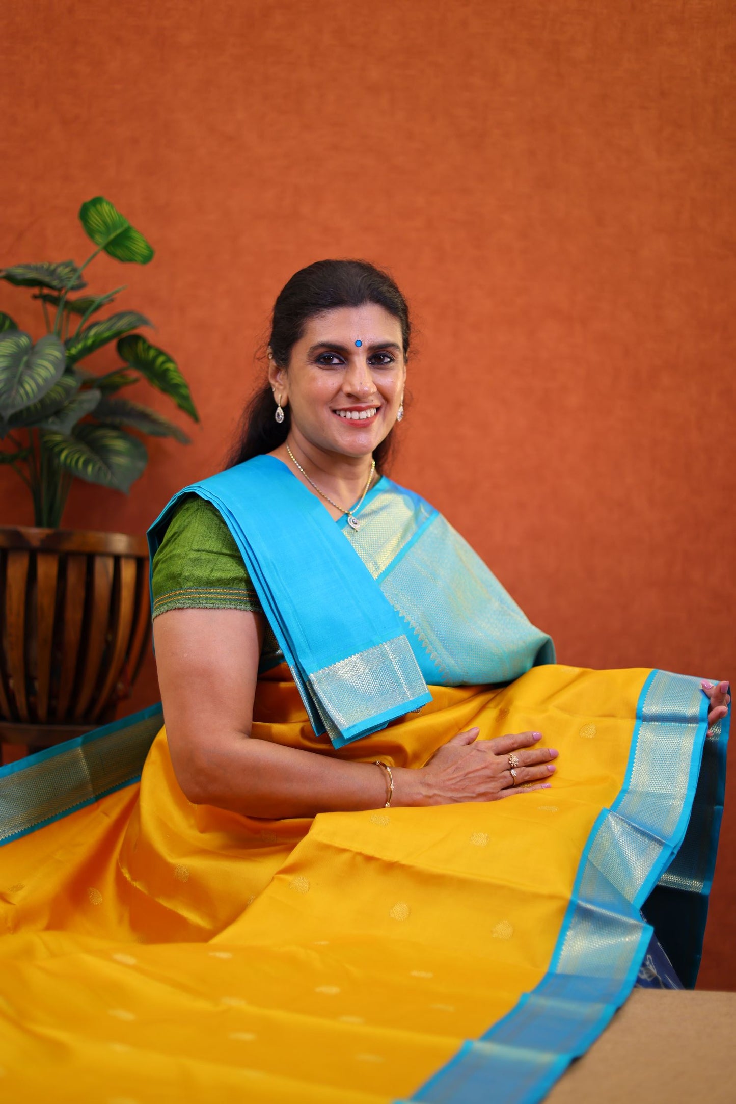 Pure Handloom Korvai Kanjivaram Silk Saree - Mustard Color with Blue Color Border