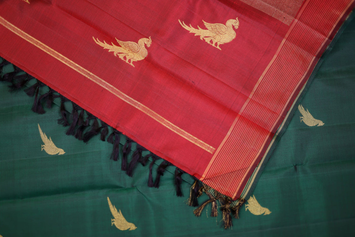 Pure Handloom Kanjivaram Silk Saree - Bottle Green Color