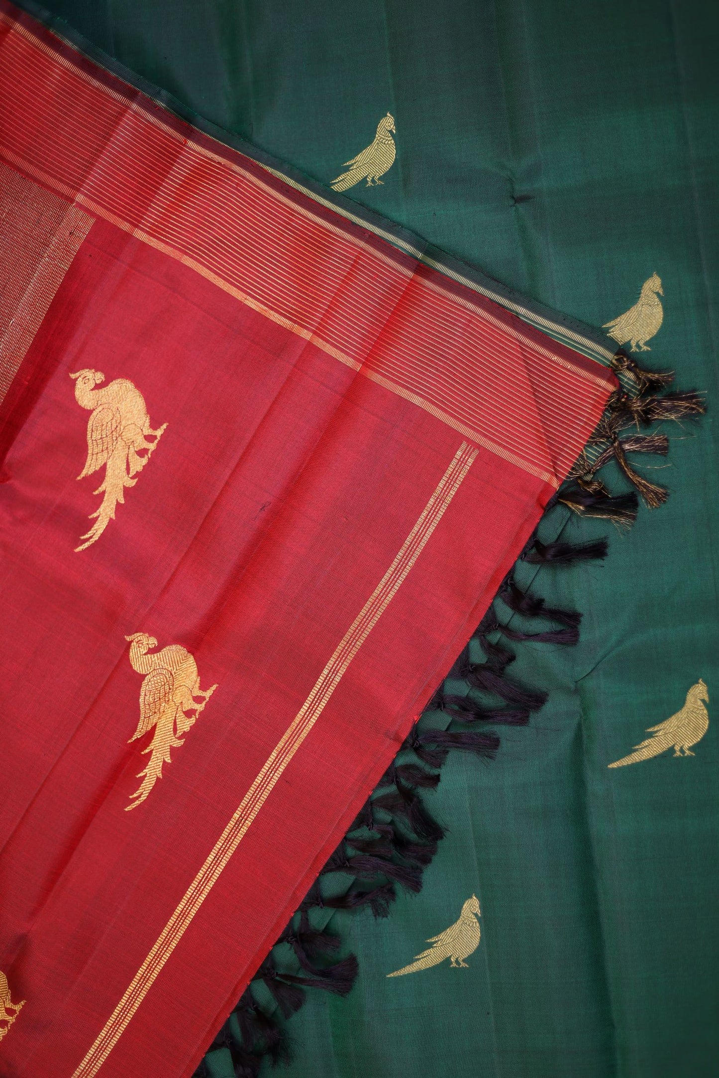 Pure Handloom Kanjivaram Silk Saree - Bottle Green Color