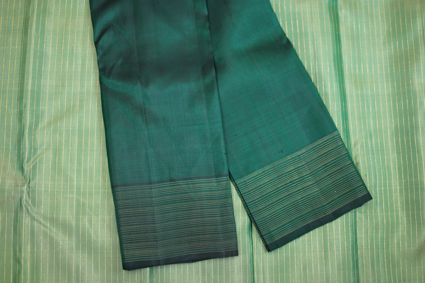 Pure Handloom Korvai Kanjivaram Silk Saree - Moss Green Color with Bottle Green Border