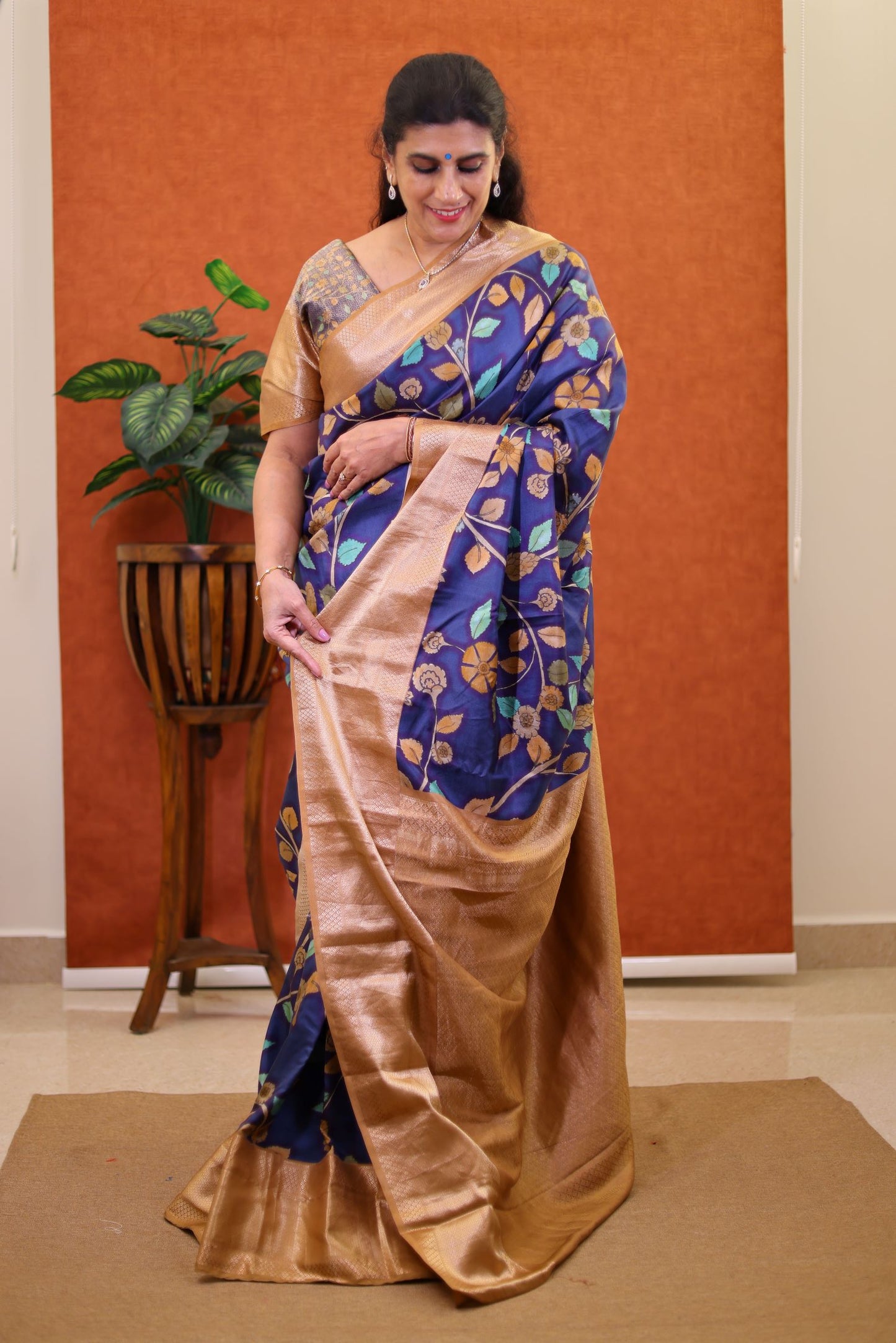 Pure Handloom Kanjivaram Silk Saree - Navy Blue Color with Gold Color Zari Border