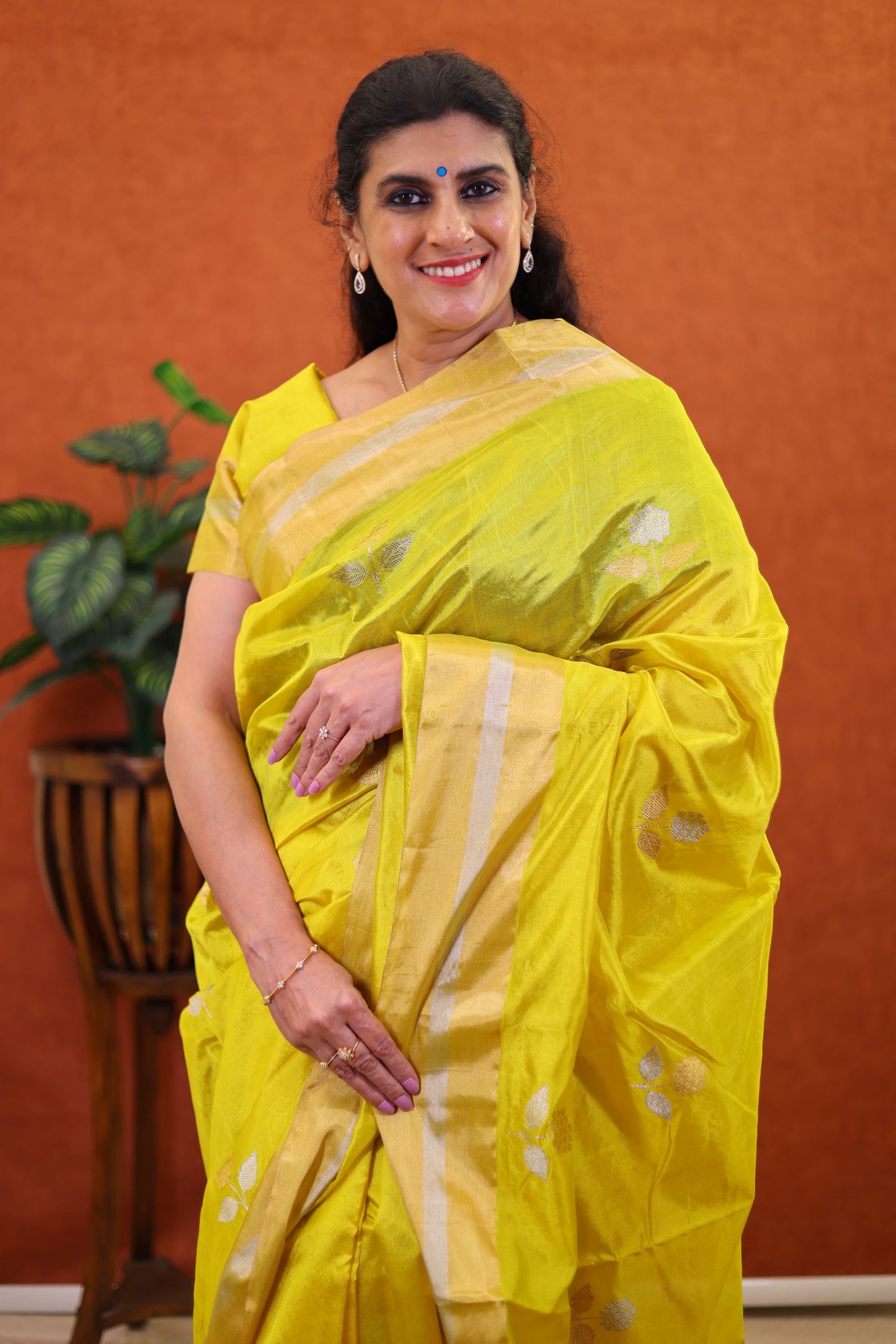 Pure Organza Silk Saree - Yellow Color with Gold Zari Border