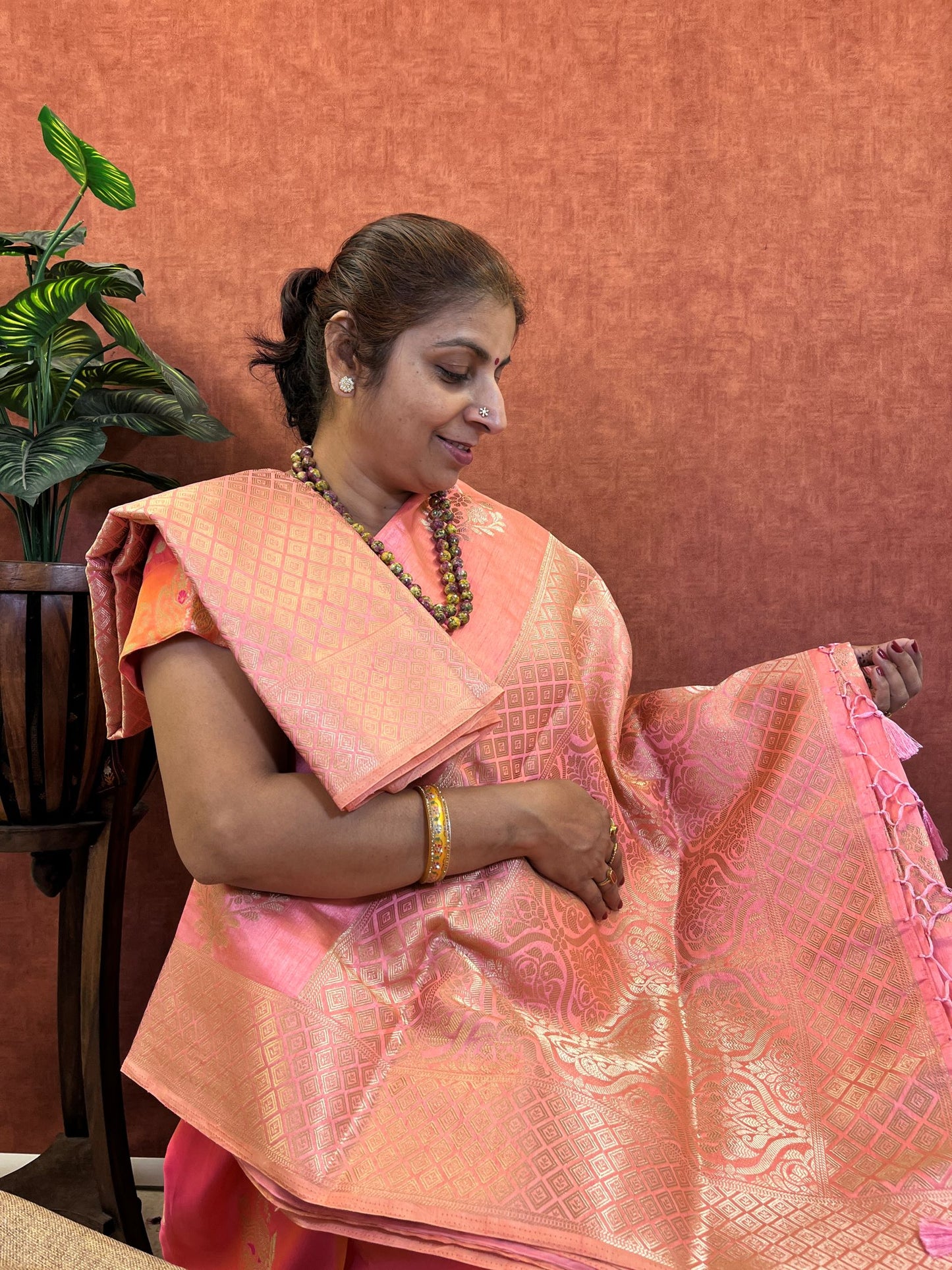 Semi Tussar Saree - Peach Color with Zari Border