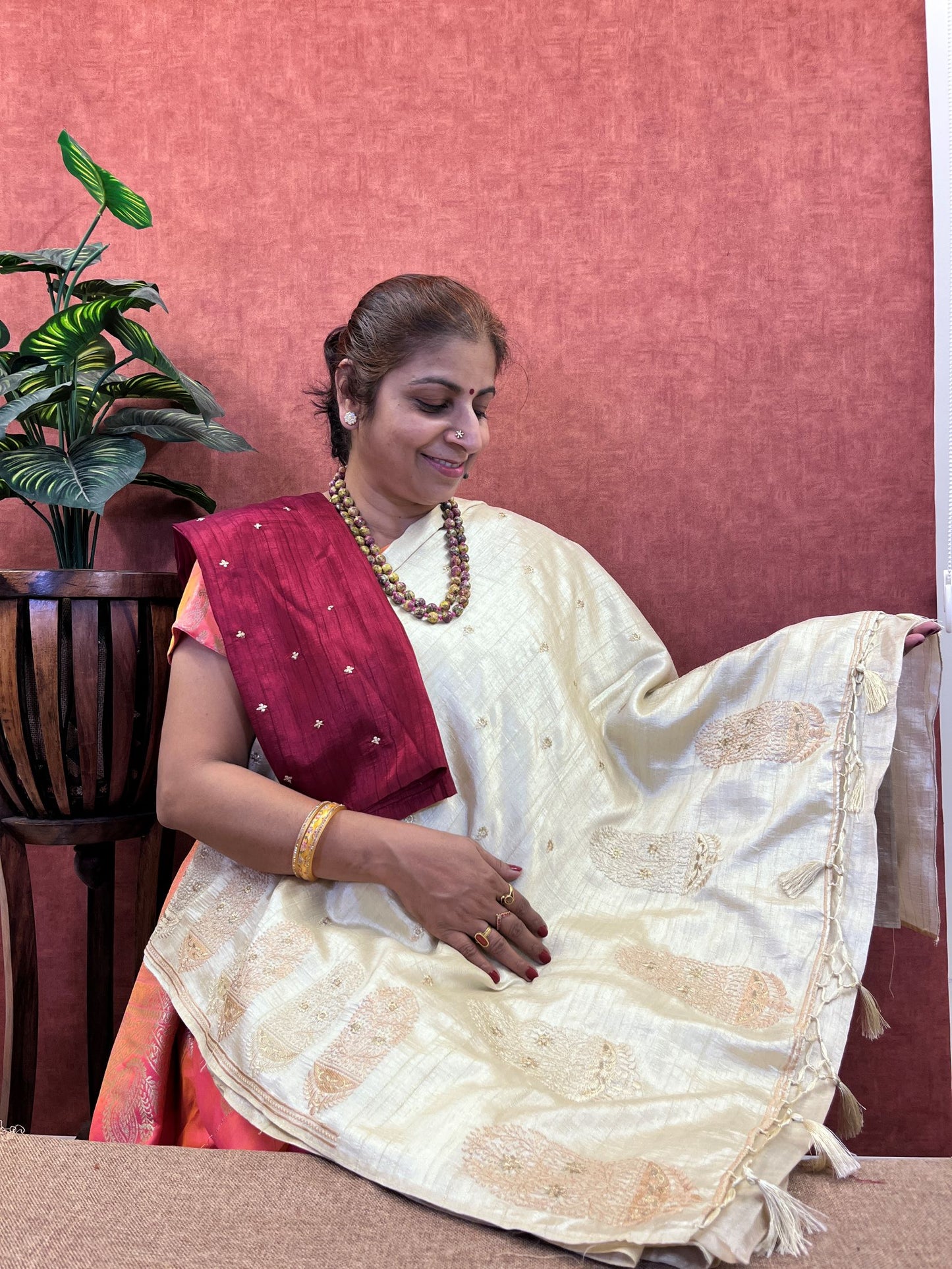 Semi Tussar Silk Saree - Ivory Color with Embroidery Work