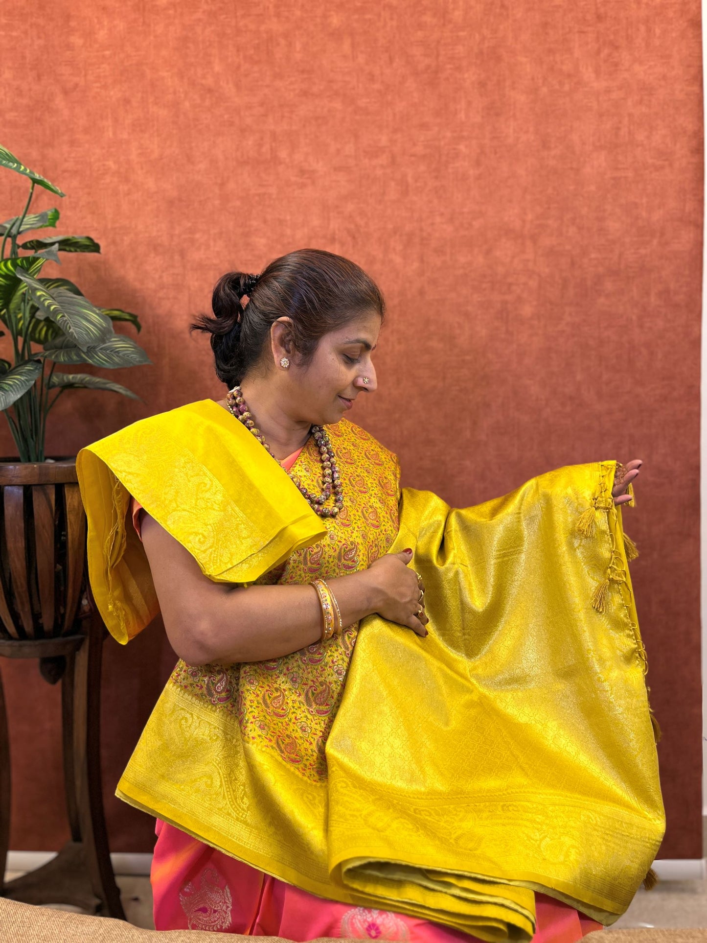 Semi Banaras Kadiyal Silk - Gold Color with Mango Zari Design