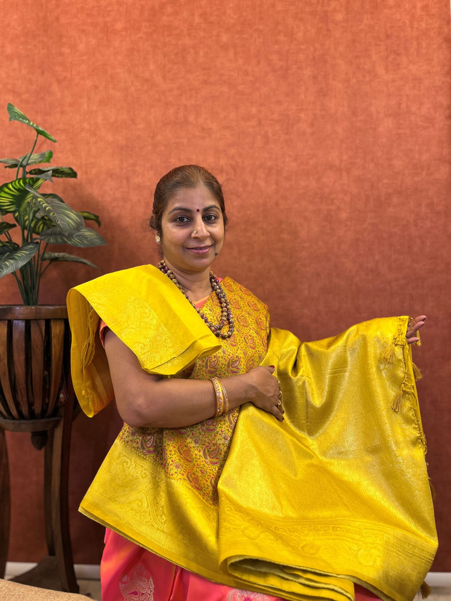 Semi Banaras Kadiyal Silk - Gold Color with Mango Zari Design