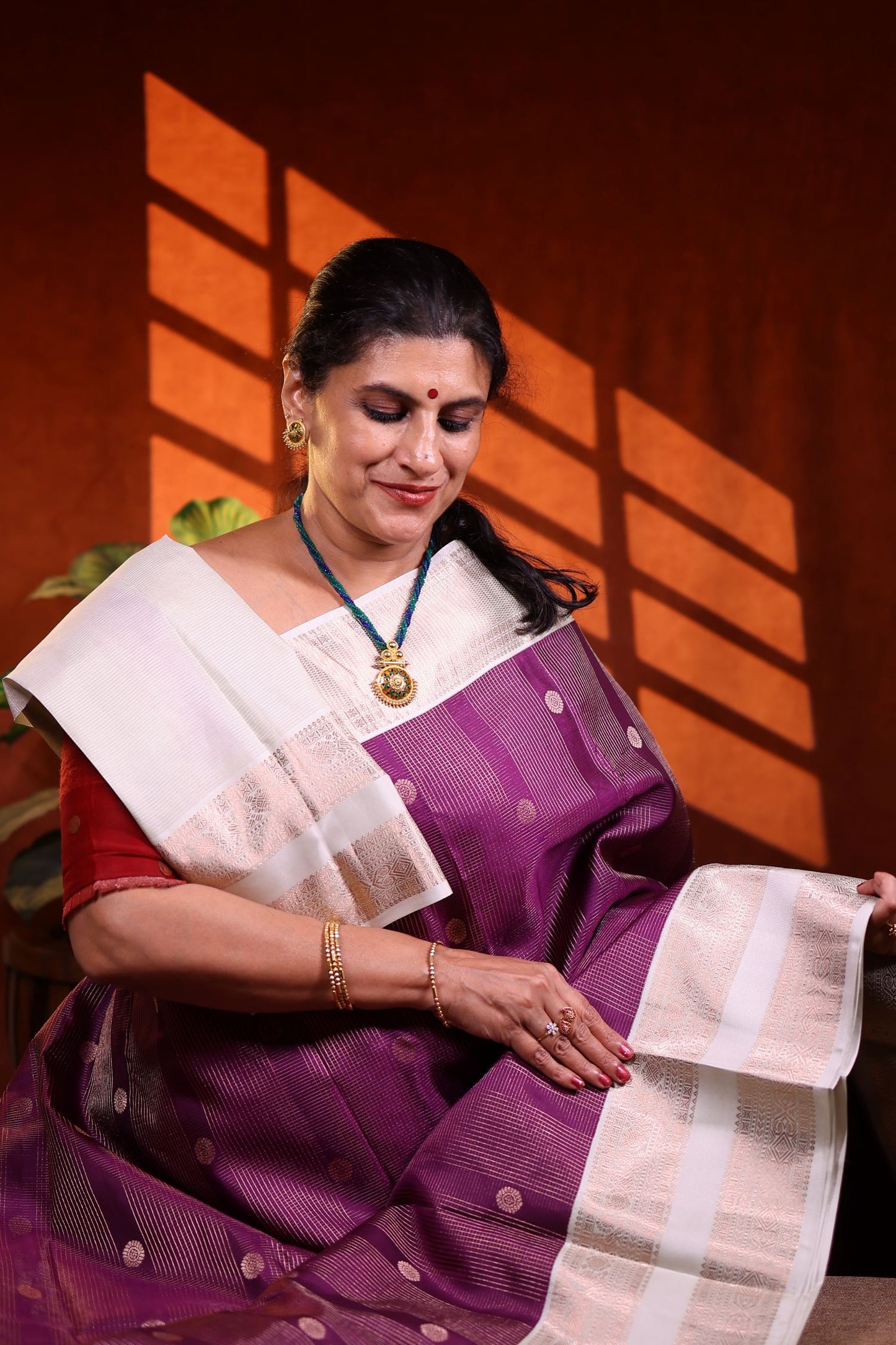 Pure Silk Saree - Purple Saree with Pista Green Border