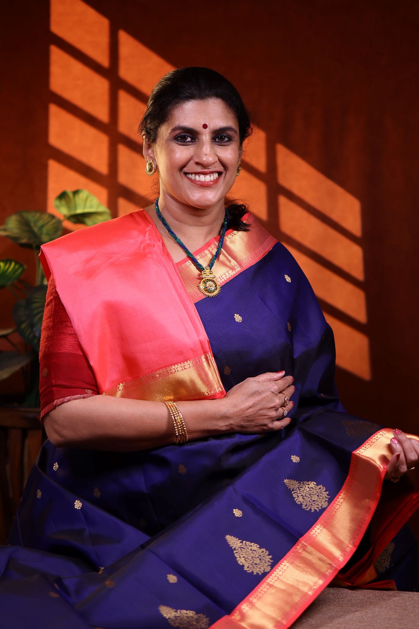 Pure Silk Saree - Navy Blue Color with Coral Pink Border
