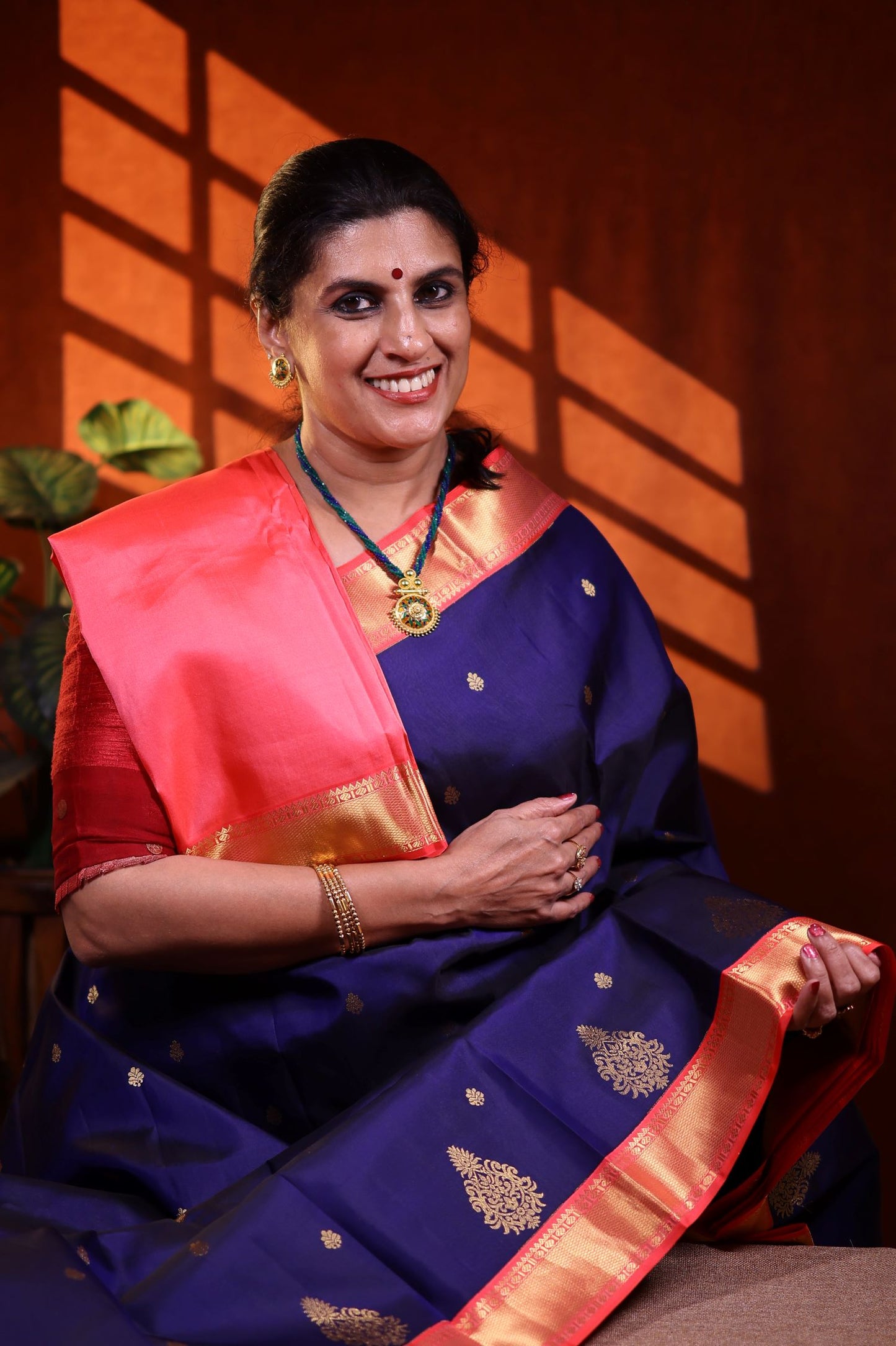 Pure Silk Saree - Navy Blue Color with Coral Pink Border