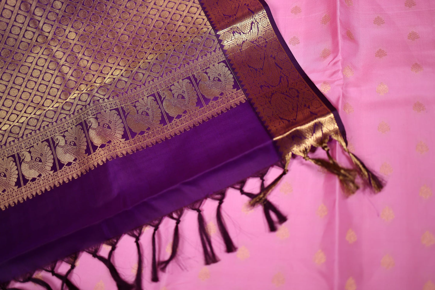 Pure Silk Saree - Pink Color with Violet Color Zari Border