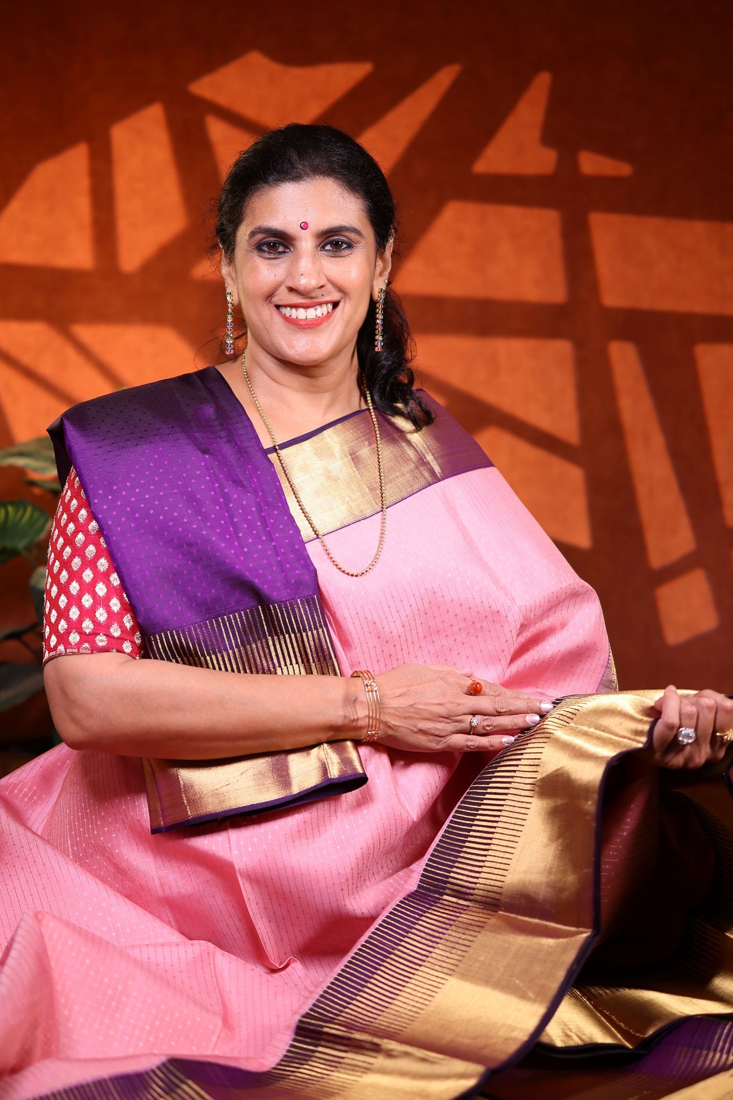 Pure Silk Saree - Pink Color with Violet Zari Border
