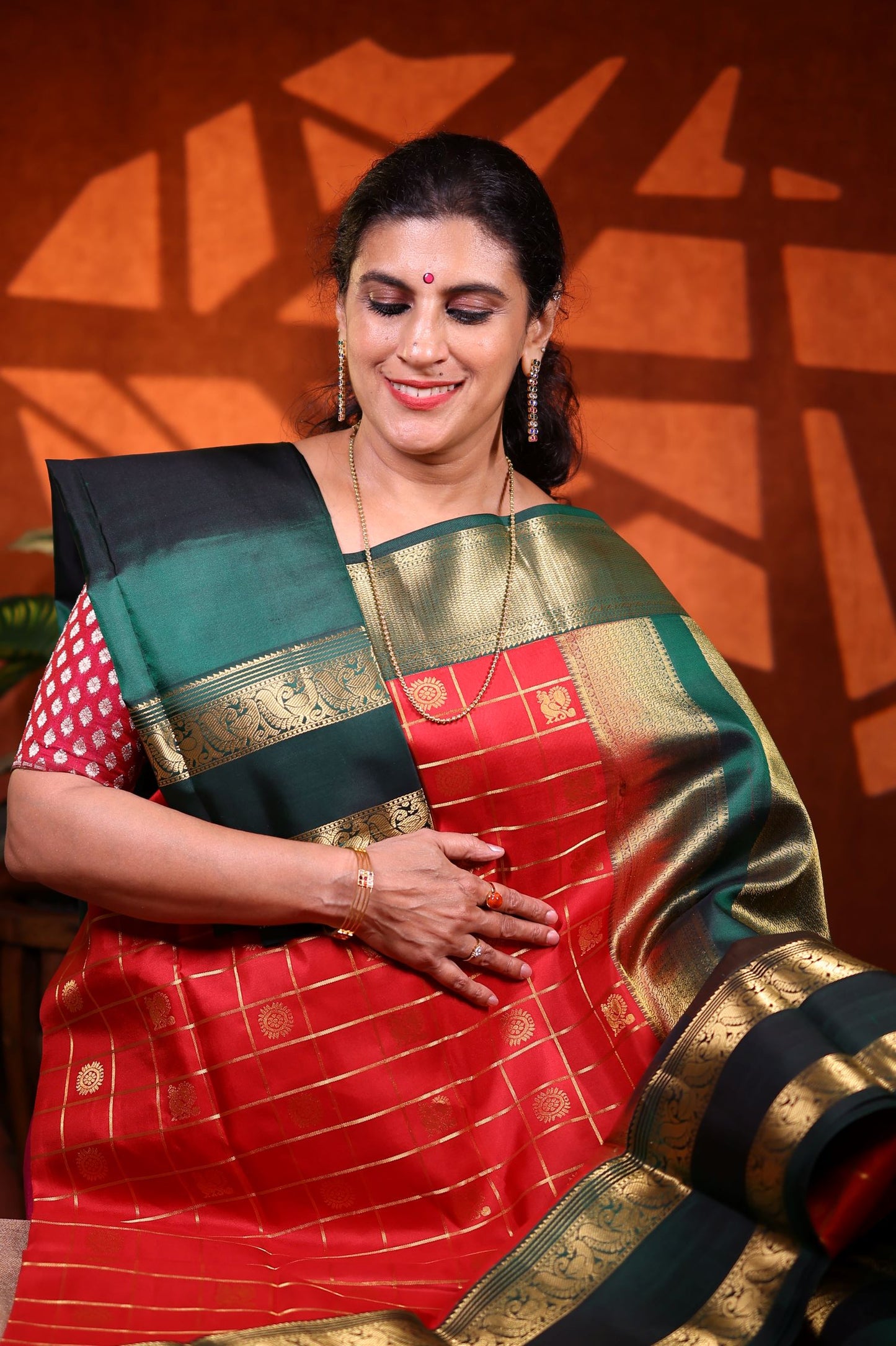 Pure Silk Saree - Red Color with Bottle Green Green Zari Border