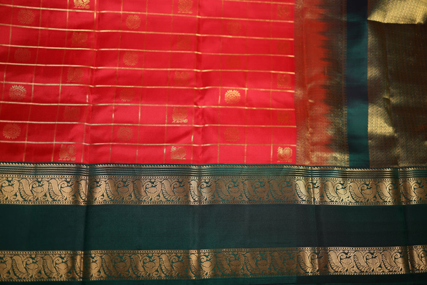 Pure Silk Saree - Red Color with Bottle Green Green Zari Border