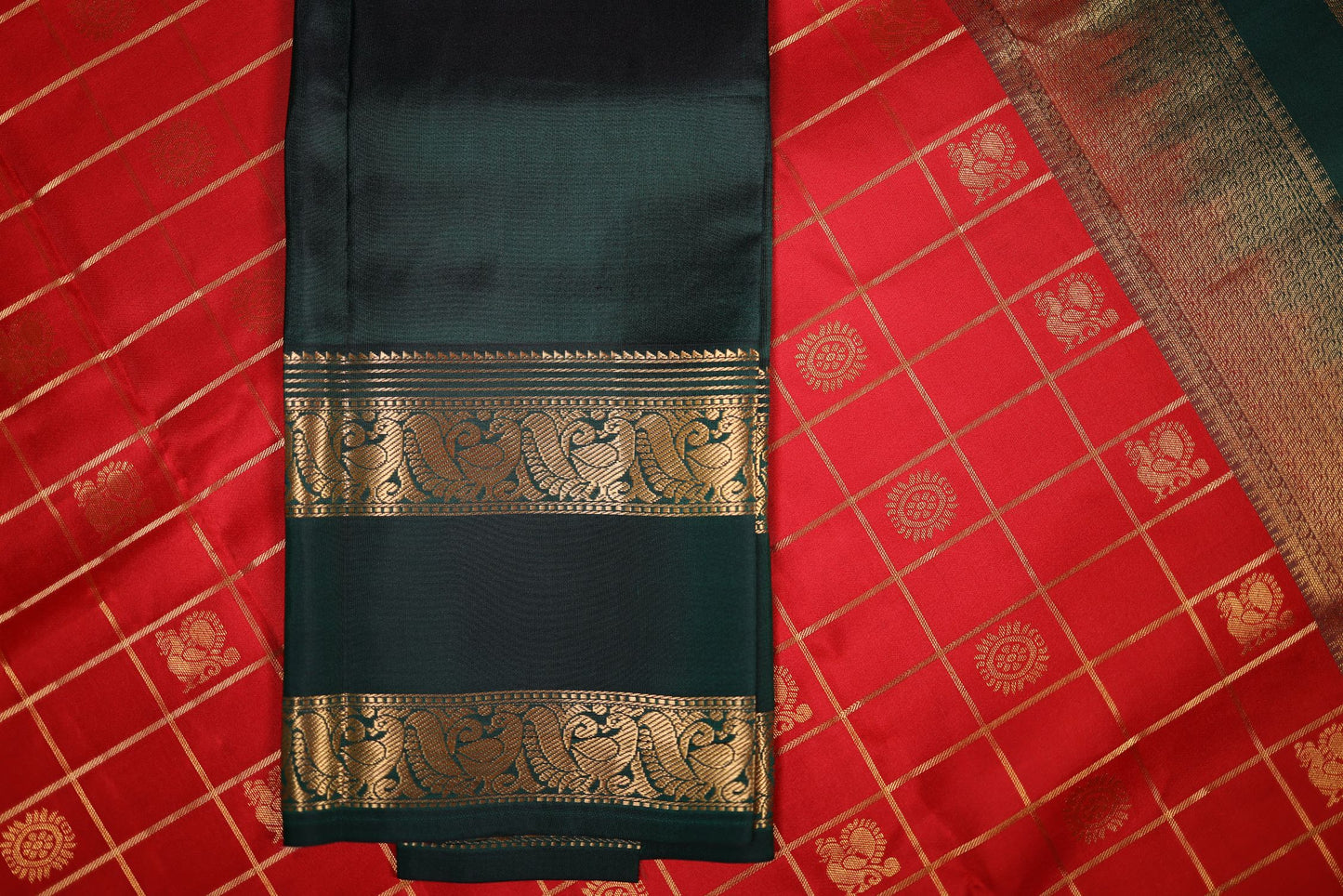 Pure Silk Saree - Red Color with Bottle Green Green Zari Border