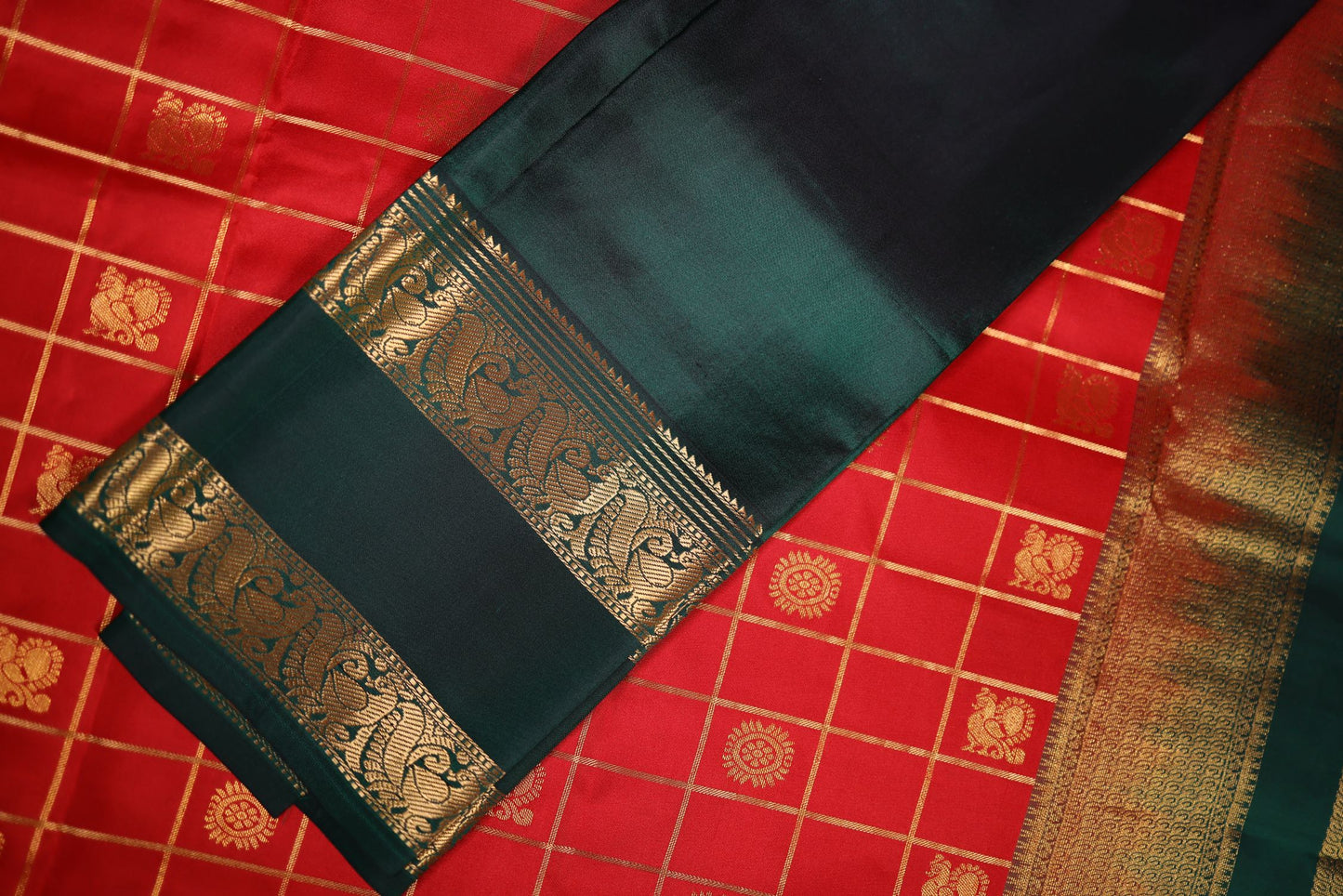 Pure Silk Saree - Red Color with Bottle Green Green Zari Border
