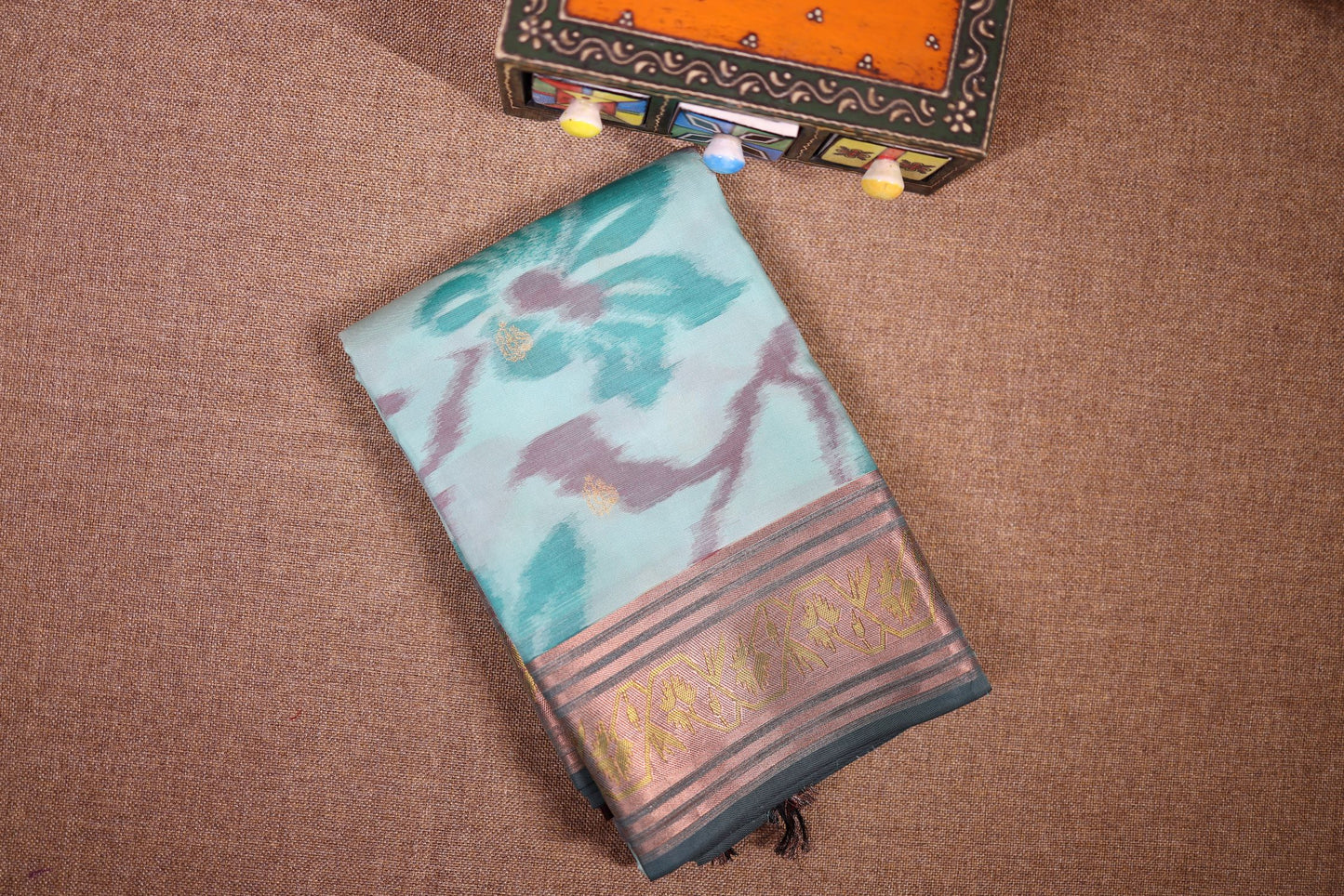 Pure Silk Saree - Aqua Green Pochampally Design with Brown Color