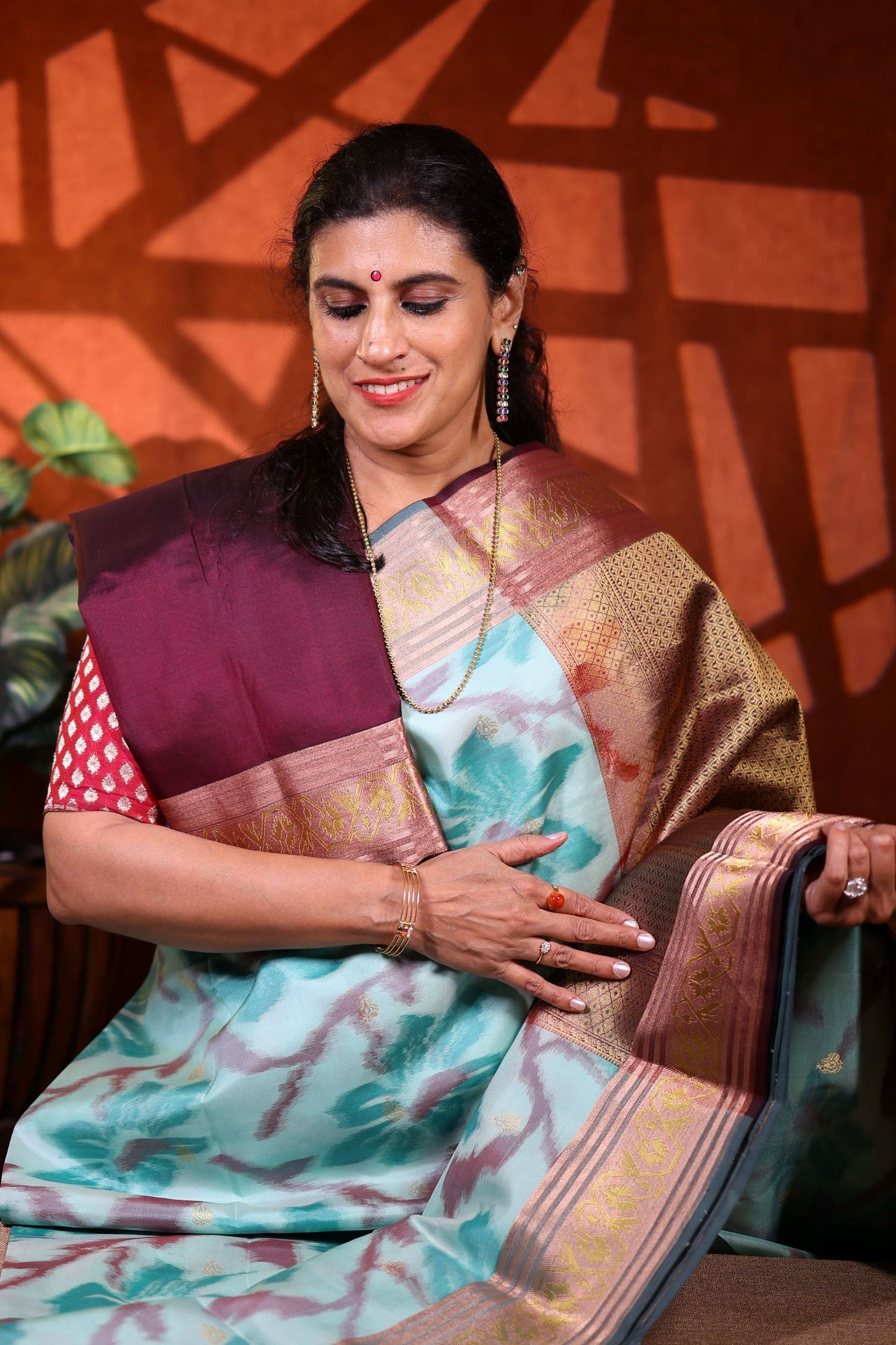 Pure Silk Saree - Aqua Green Pochampally Design with Brown Color
