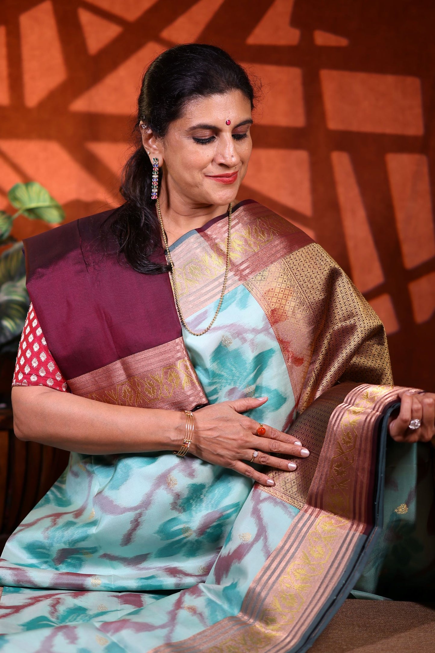 Pure Silk Saree - Aqua Green Pochampally Design with Brown Color